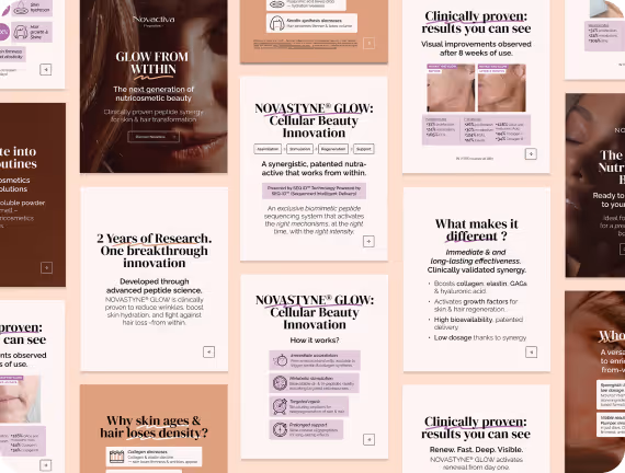 Création d’un carrousel d’une dizaine de slides pour promouvoir le lancement de l’actif Novastyne®Glow sur LinkedIn.