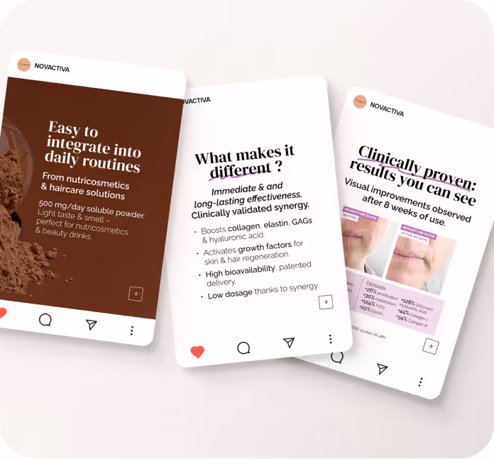 Création d’un carrousel d’une dizaine de slides pour promouvoir le lancement de l’actif Novastyne®Glow sur LinkedIn.