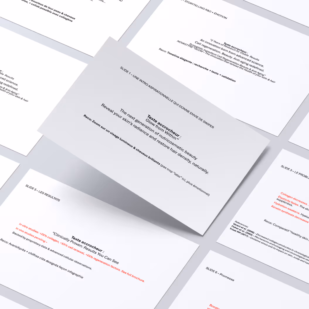 Création d’un carrousel d’une dizaine de slides pour promouvoir le lancement de l’actif Novastyne®Glow sur LinkedIn.