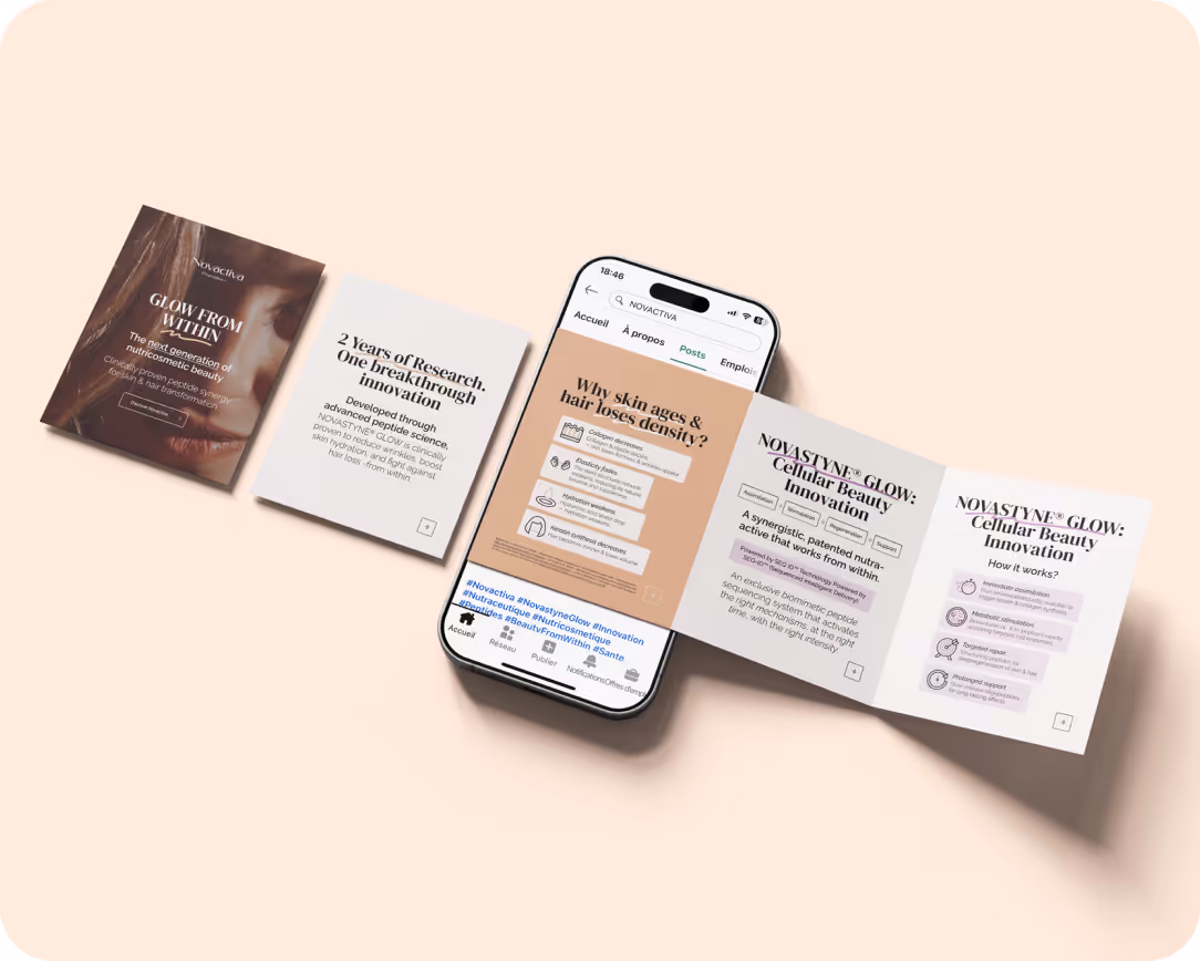 Création d’un carrousel d’une dizaine de slides pour promouvoir le lancement de l’actif Novastyne®Glow sur LinkedIn.