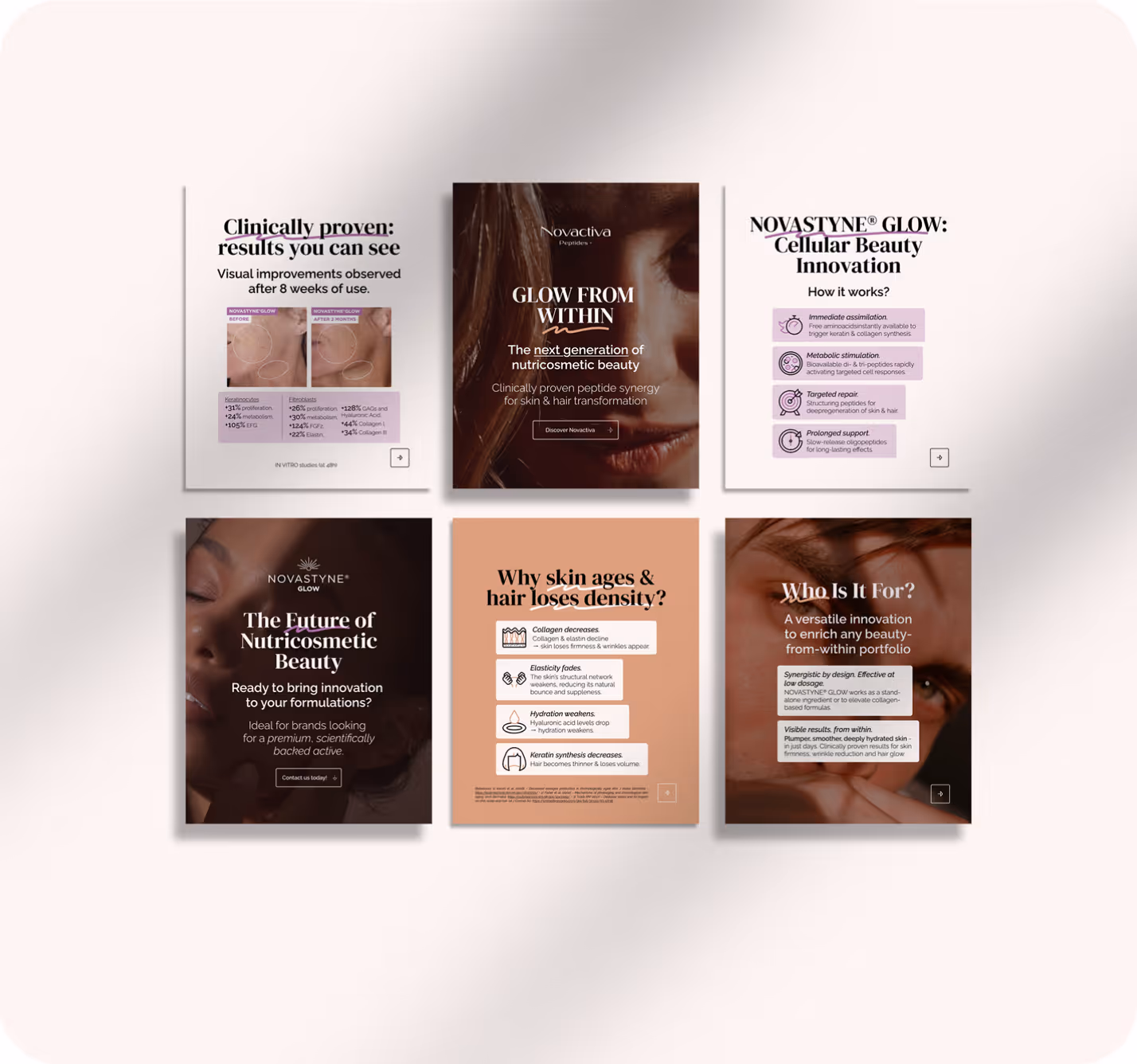 Création d’un carrousel d’une dizaine de slides pour promouvoir le lancement de l’actif Novastyne®Glow sur LinkedIn.