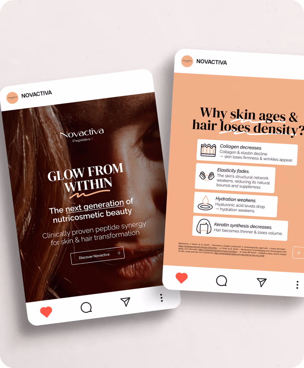 Création d’un carrousel d’une dizaine de slides pour promouvoir le lancement de l’actif Novastyne®Glow sur LinkedIn.