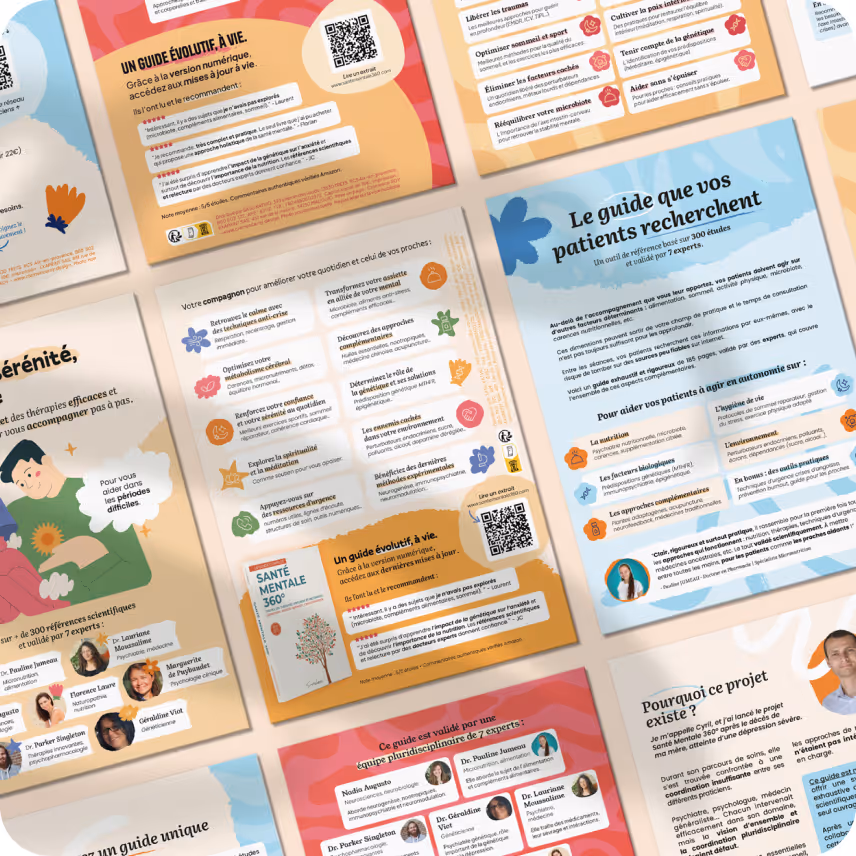 Promotion d'un guide sur la santé mentale : création de deux dépliants pour les patients et d'une brochure pour les pros de santé.