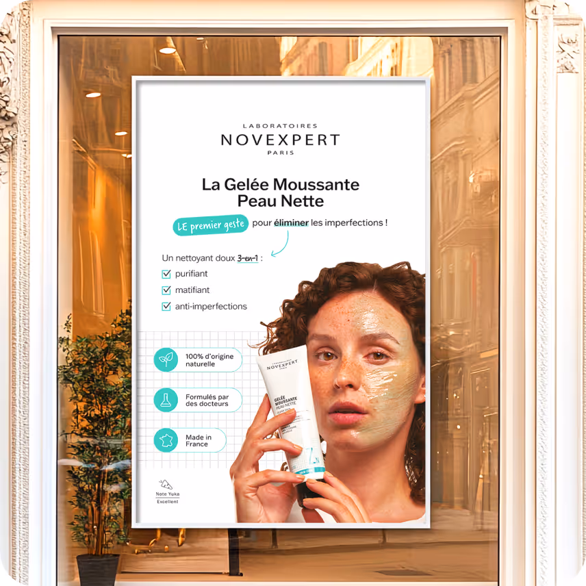 Création de supports de communication imprimés (affiche, PLV, vitrine...) pour la marque de cosmétiques.