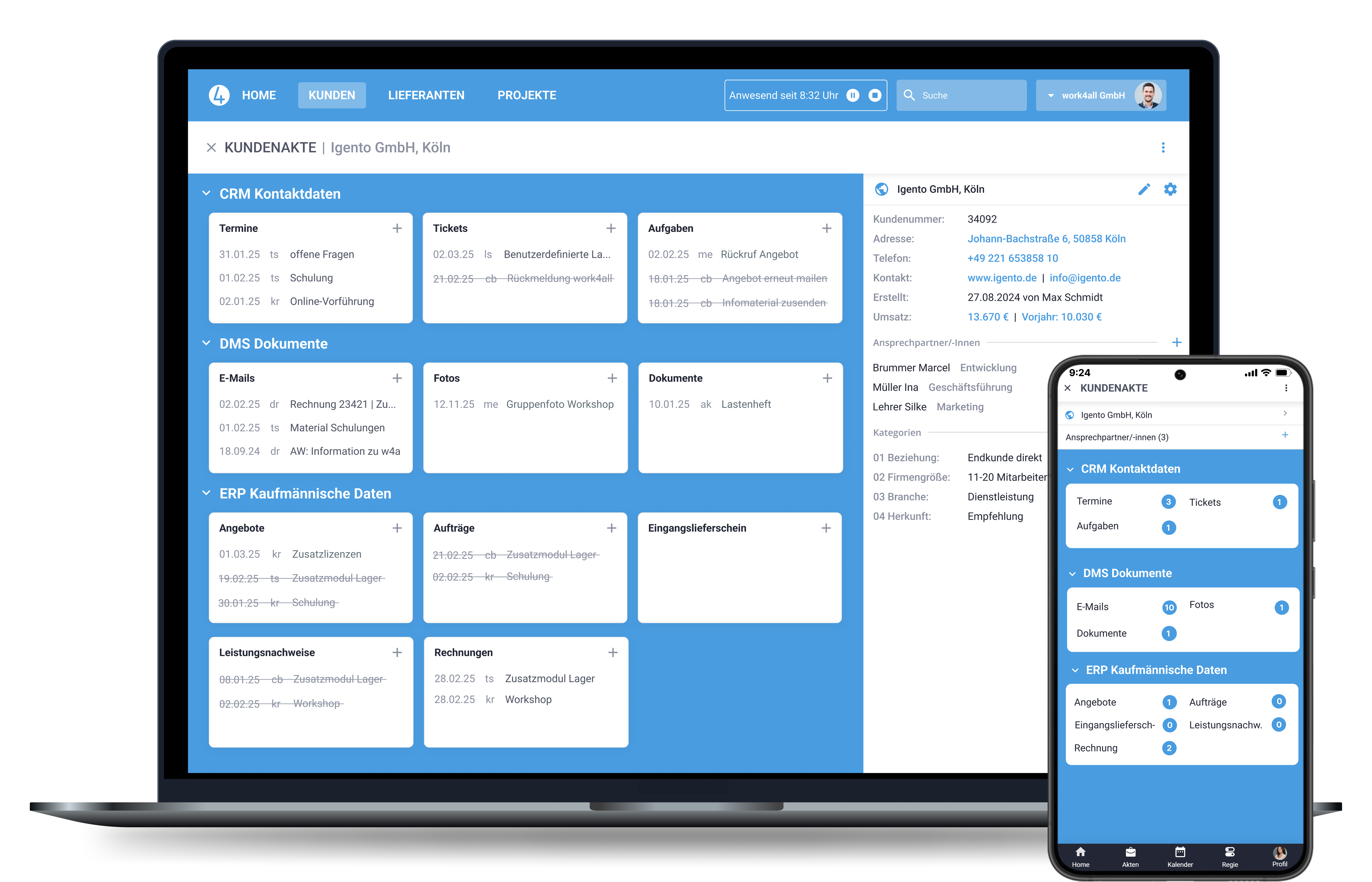 Laptop und Handy Bildschirm mit einer Beispiel Kundenakte in work4all
