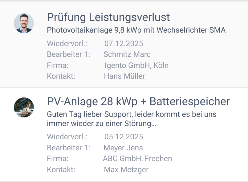 Beispiel Ticketverwaltung in work4all. Zum einen ein Ticket zur Prüfung eines Leistungsverlusts, zum anderen PV-Anlage 28 kWp + Batteriespeicher