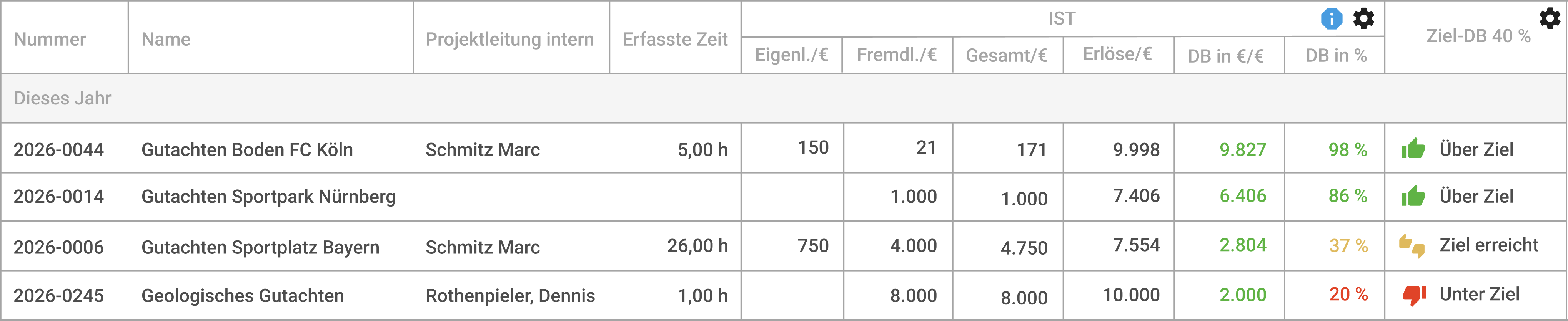 Grafik von einem kaufmännischen Überblick über mehrere Projekte