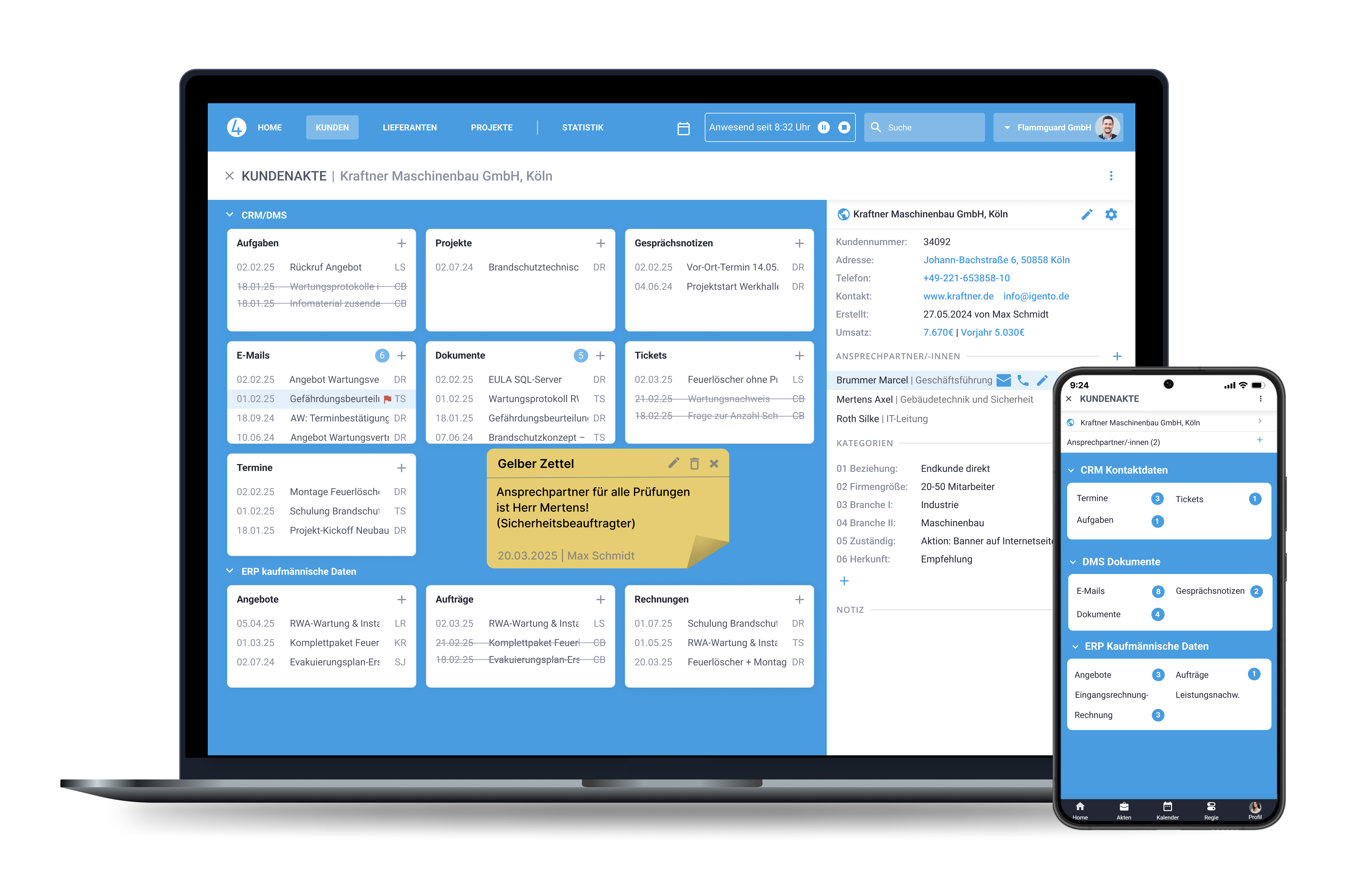Laptop und Handy Screen mit einer Beispiel-Kundenakte in work4all