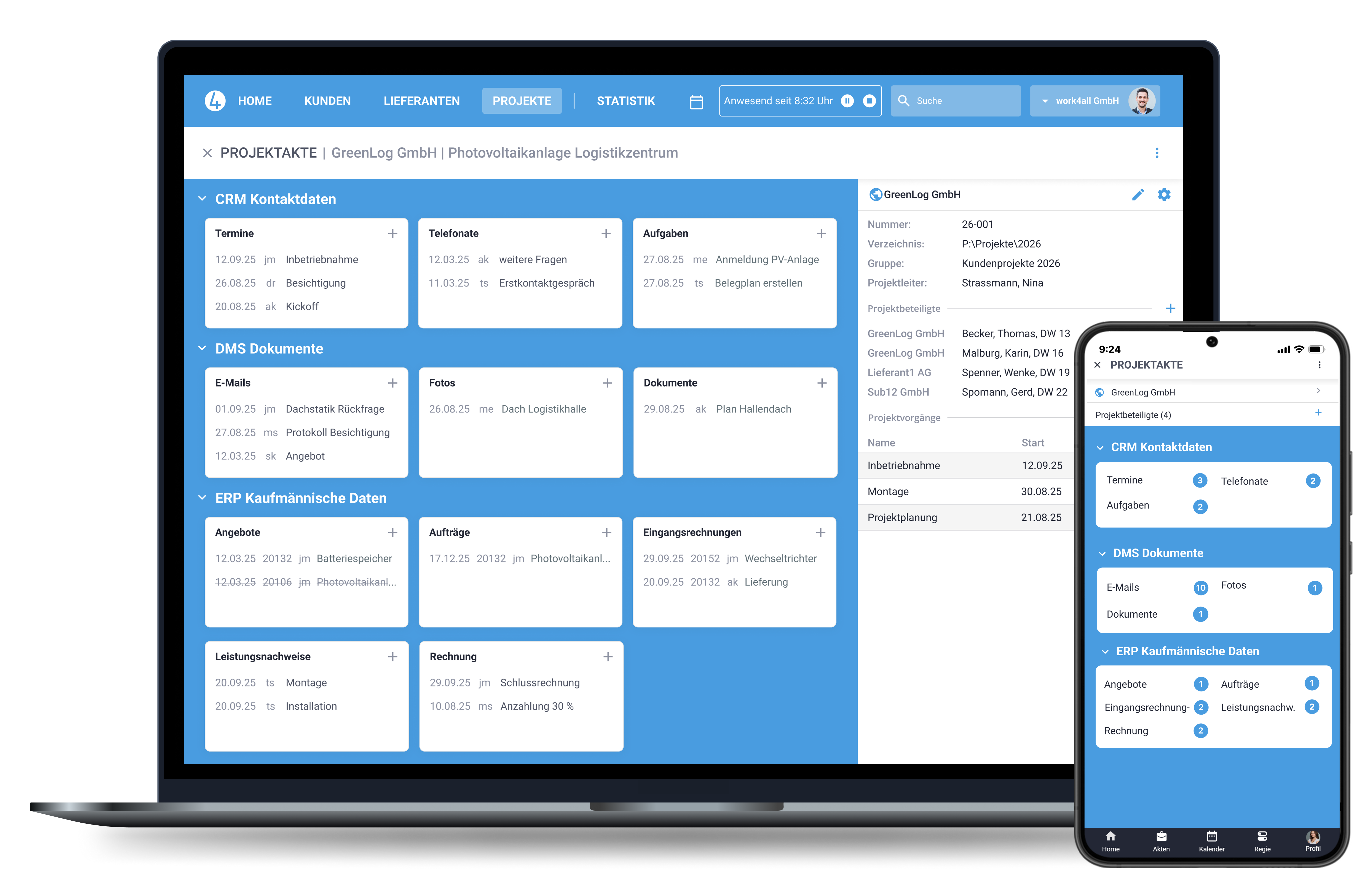Laptop und Handy Screen mit einer Beispiel-Projektakte in work4all