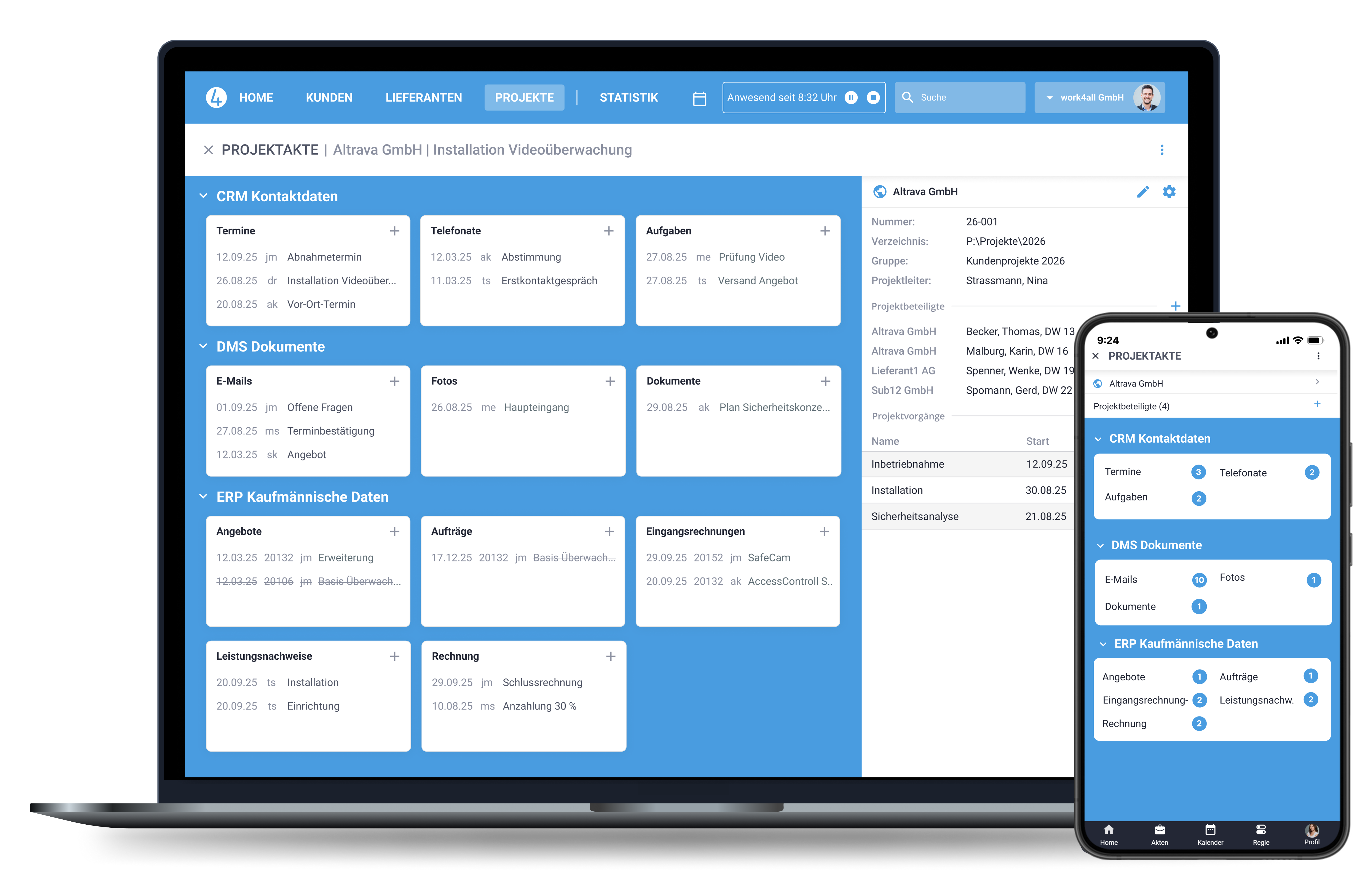 Laptop und Handy Screen einer Beispiel-Projektakte in work4all