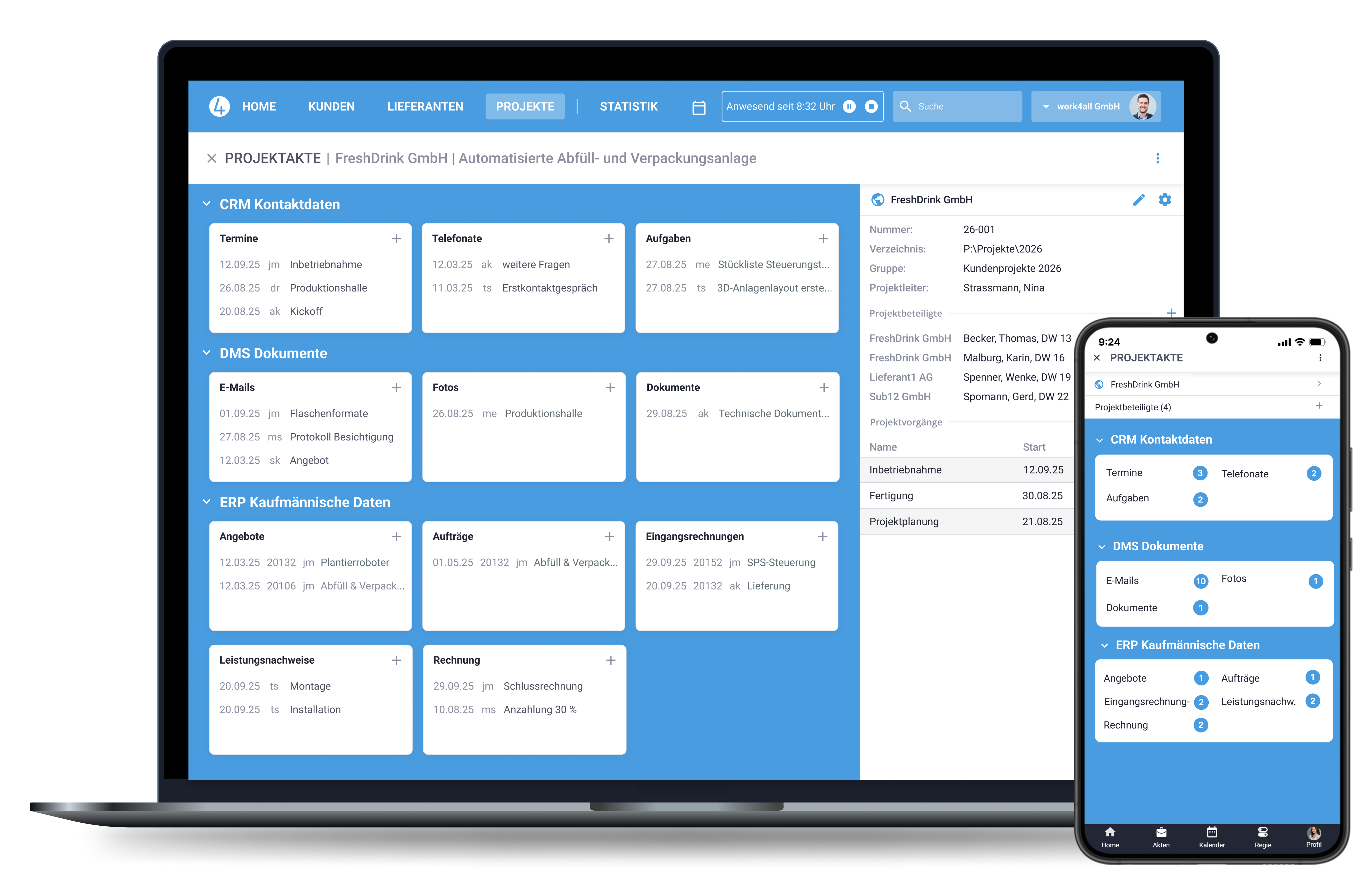 Laptop und Handy Screen mit einer Beispiel-Projektakte in work4all