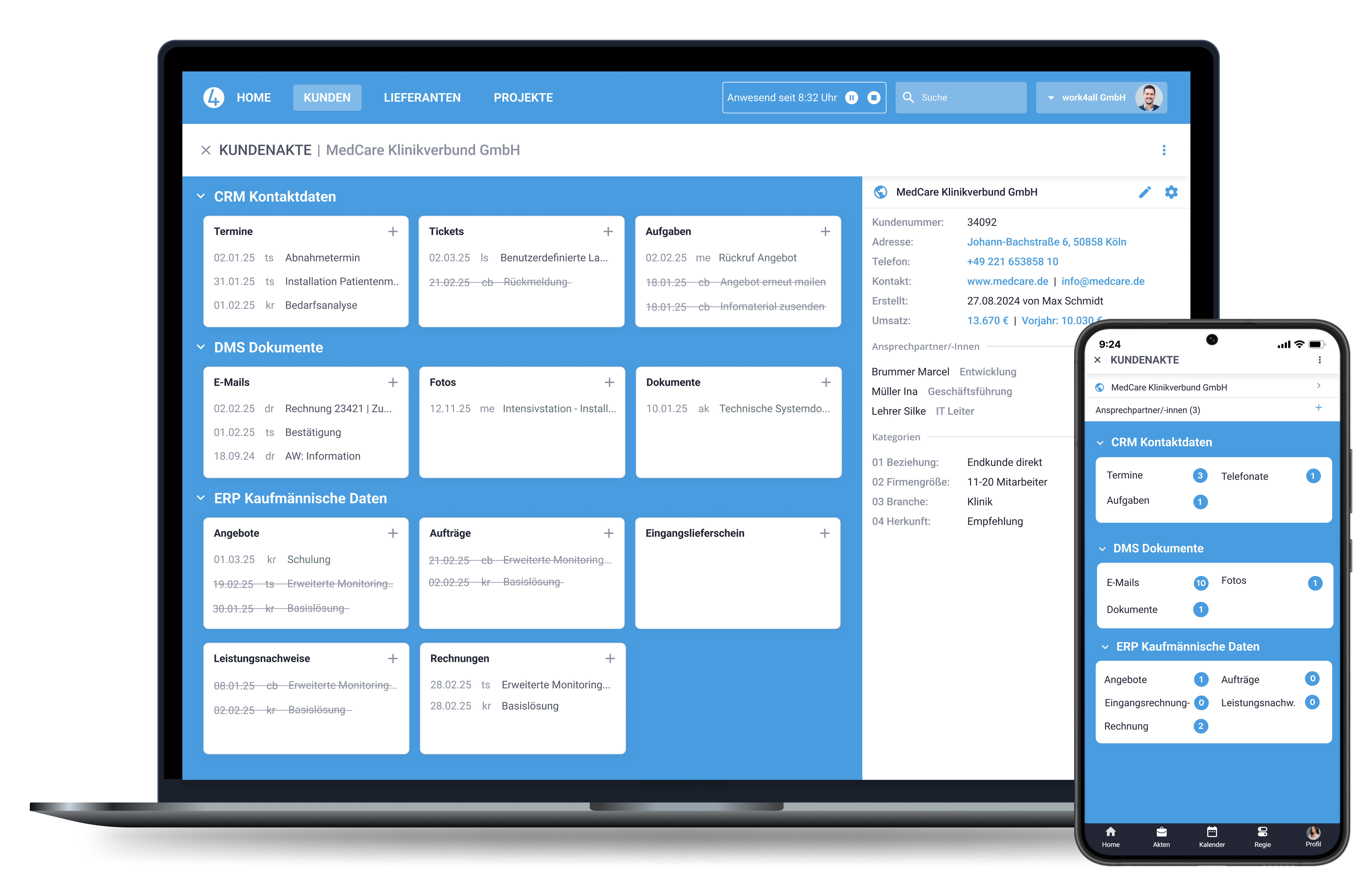 Laptop und Handy Screen mit einer Beispiel-Kundenakte in work4all