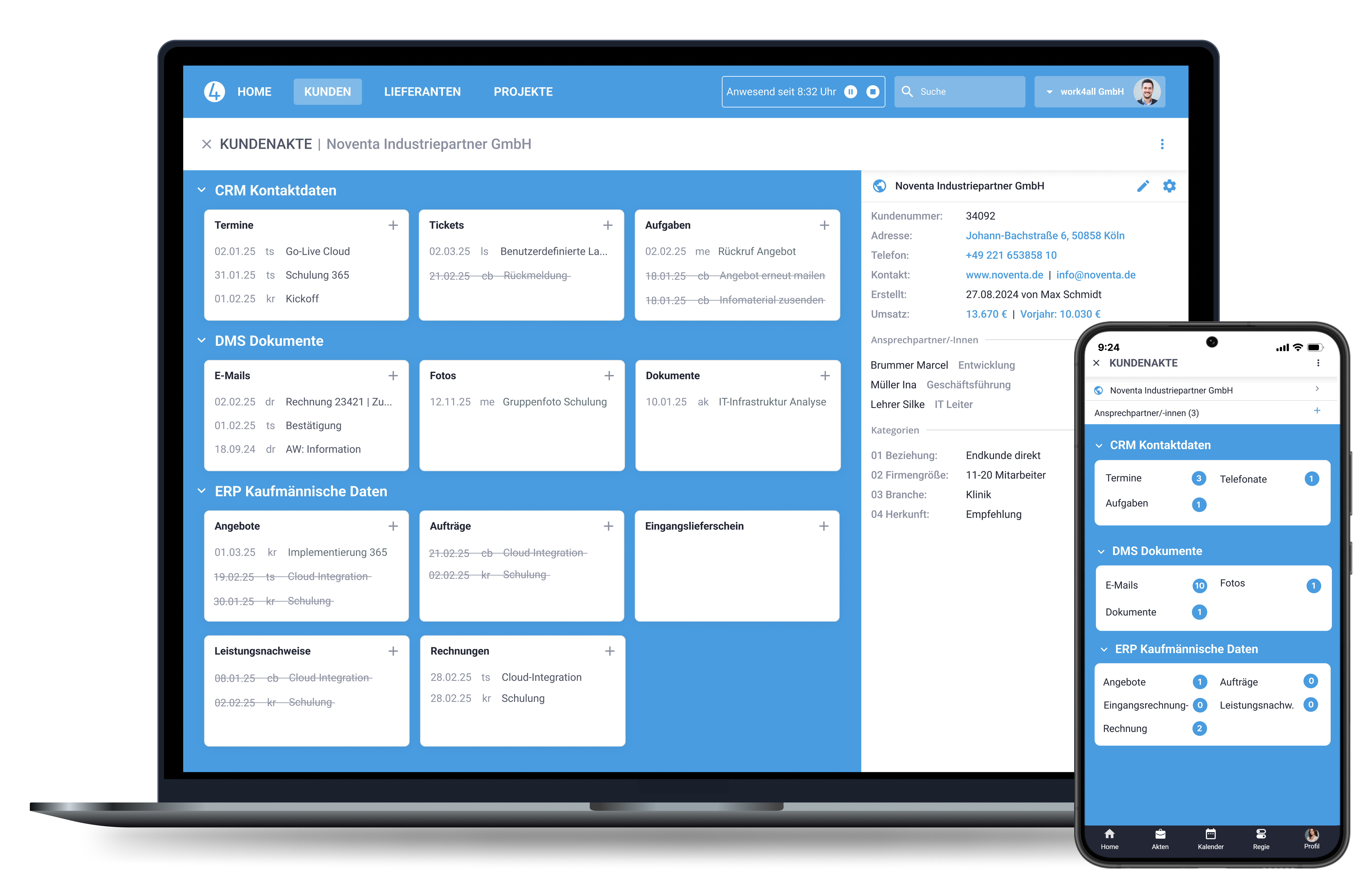 Laptop und Handy Screen mit einer Beispiel-Kundenakte in work4all