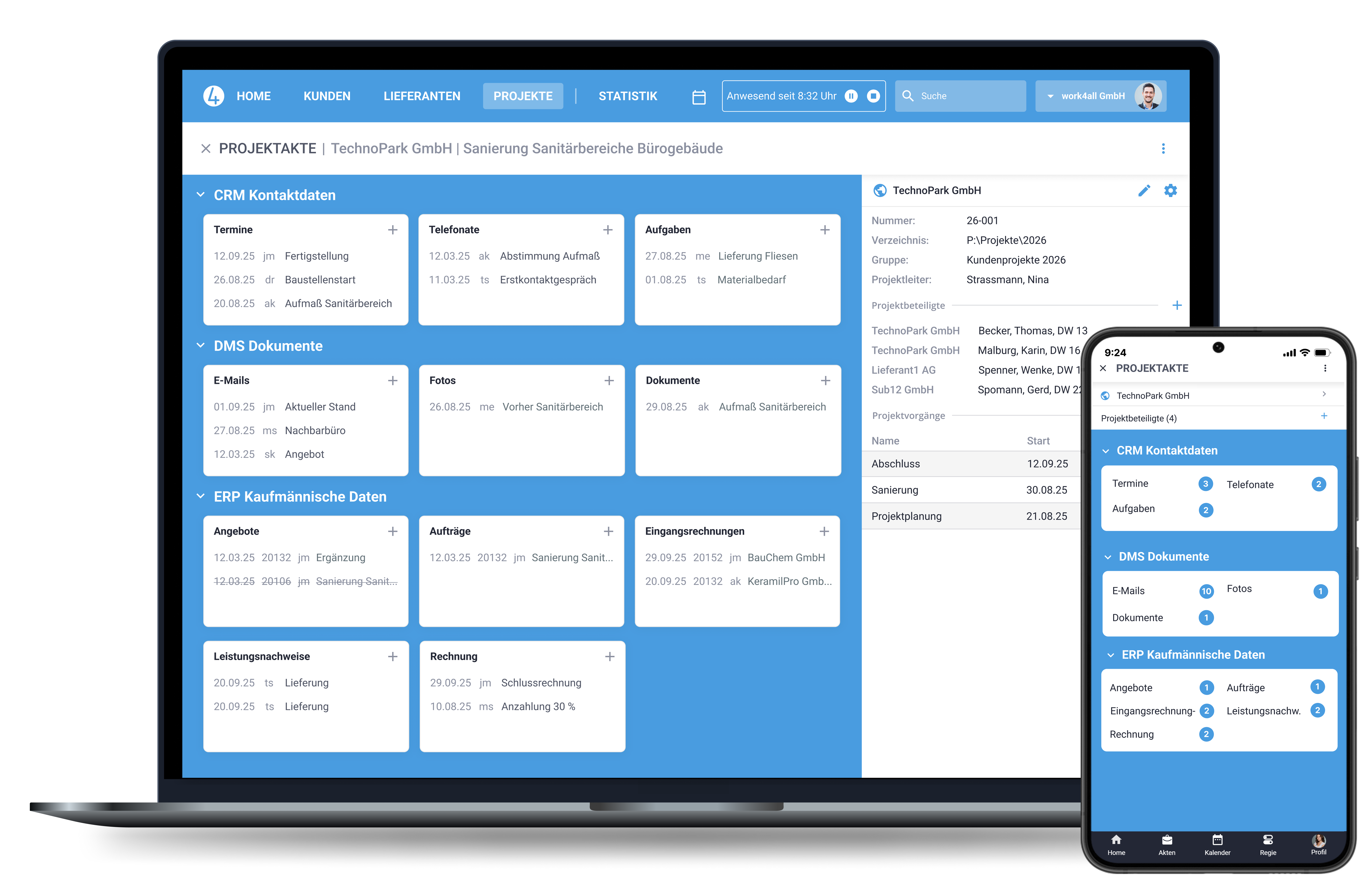 Laptop und Handy Screen mit einer Beispiel-Projektakte in work4all