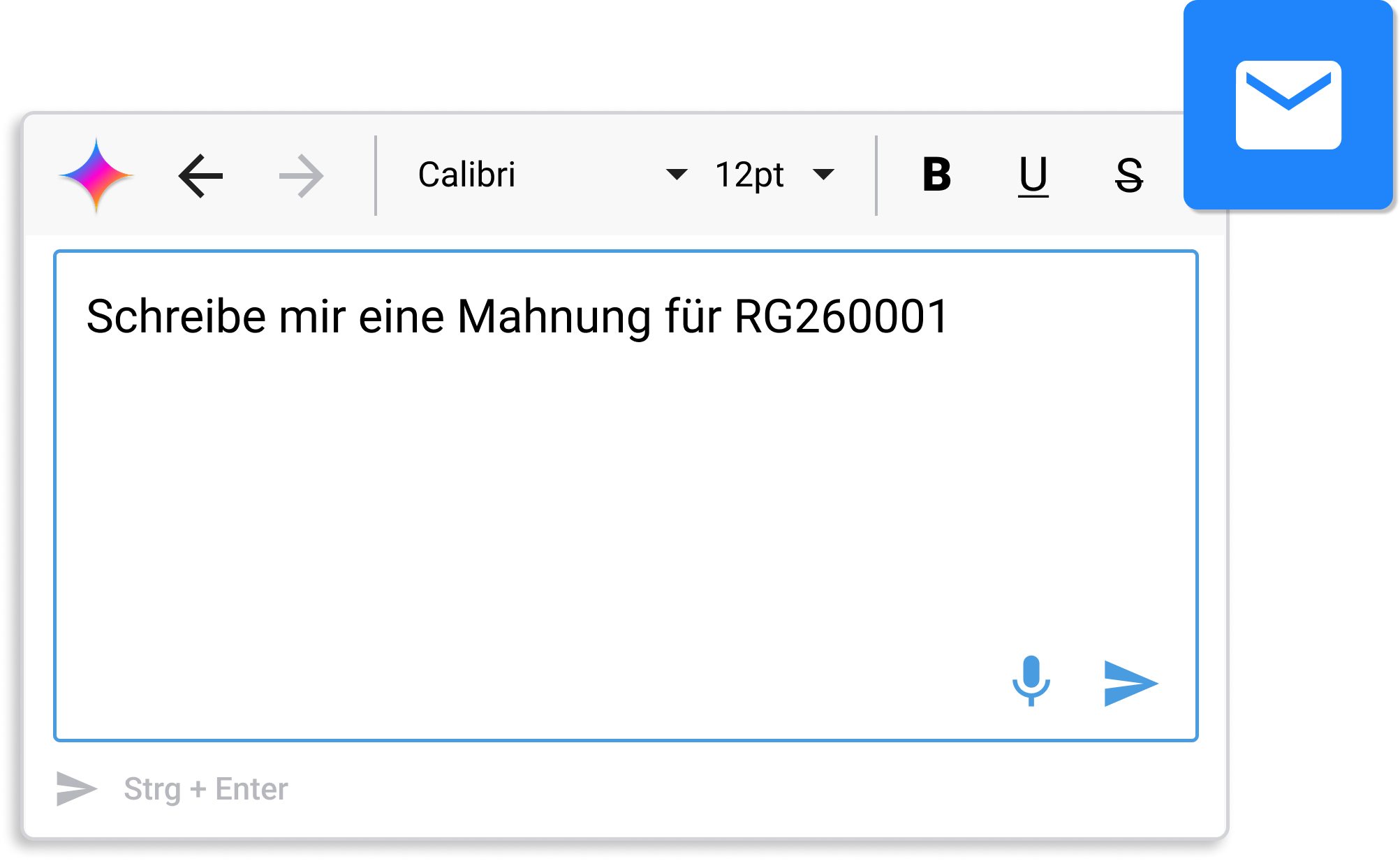 Grafik eines Beispiels für das Schreiben einer E-Mail mit Hilfe des KI-Assistenten von work4all.