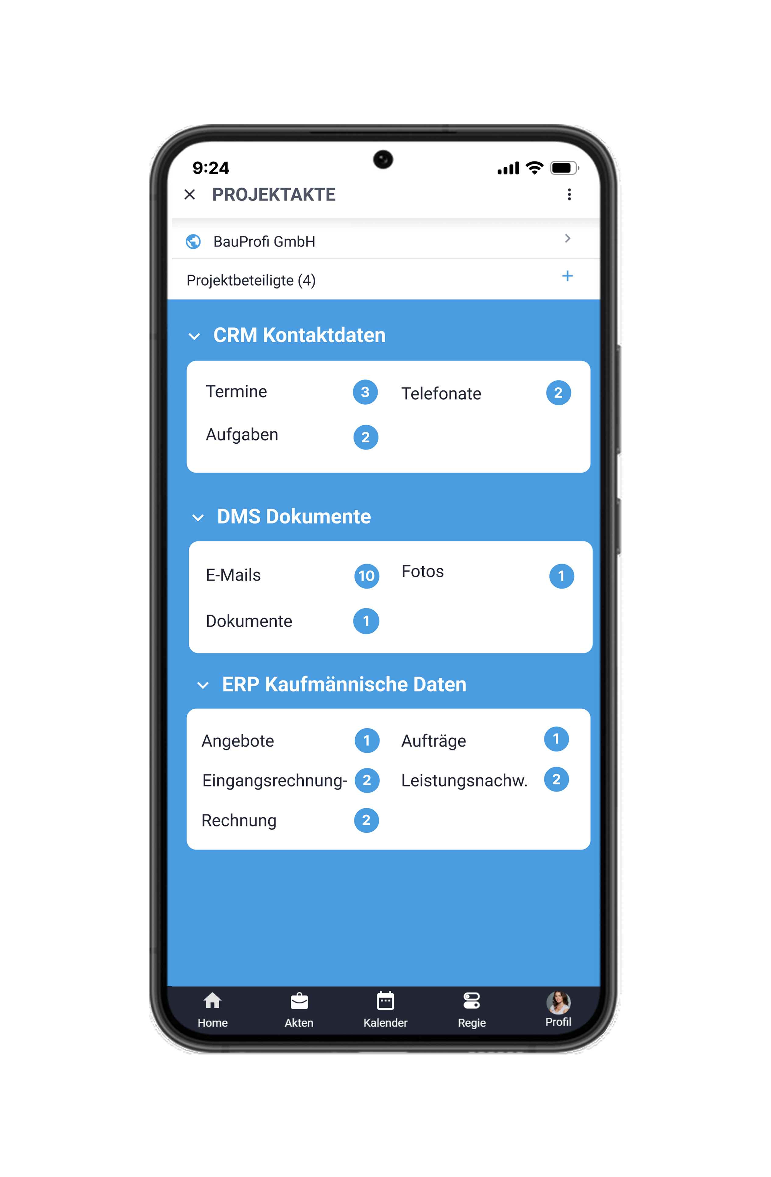 Mobile Ansicht einer Projektakte in work4all