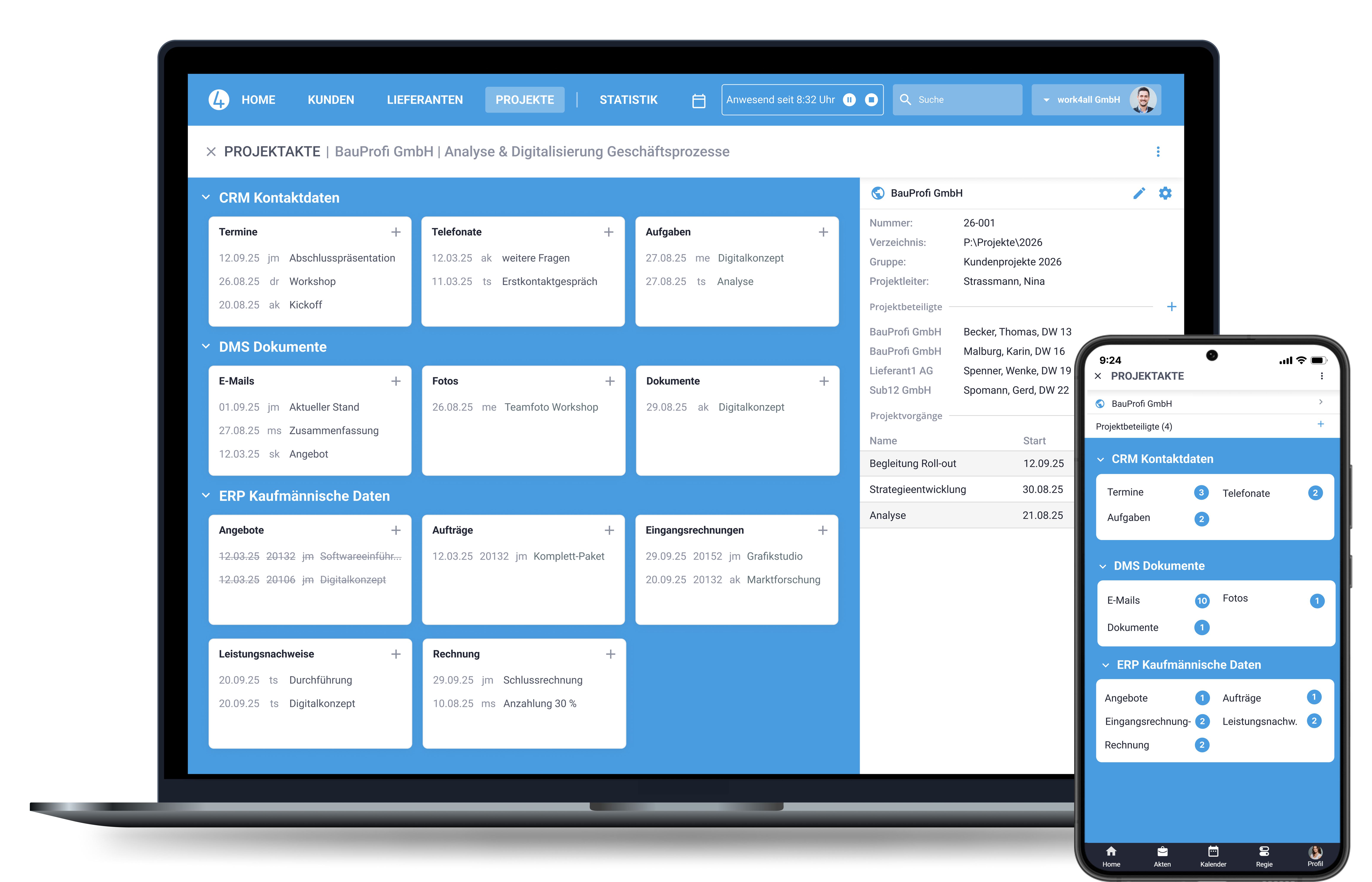 Laptop- und Handy-Bildschirm mit einer Beispiel-Projektakte in work4all