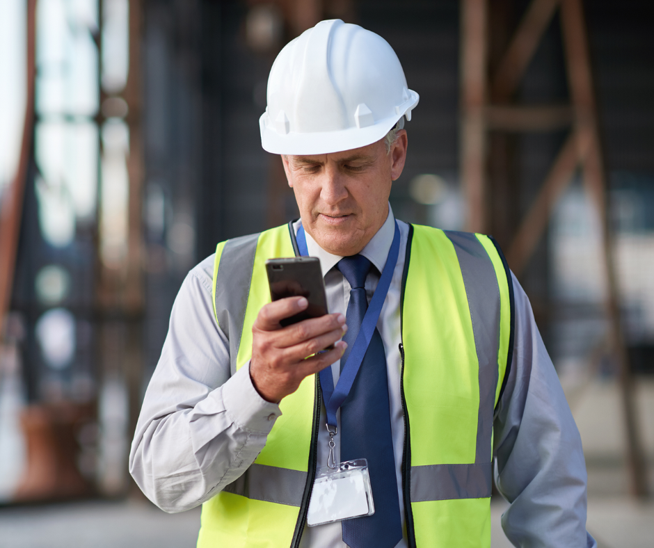Ein Bauarbeiter unterwegs mit seinem Smartphone in der Hand.