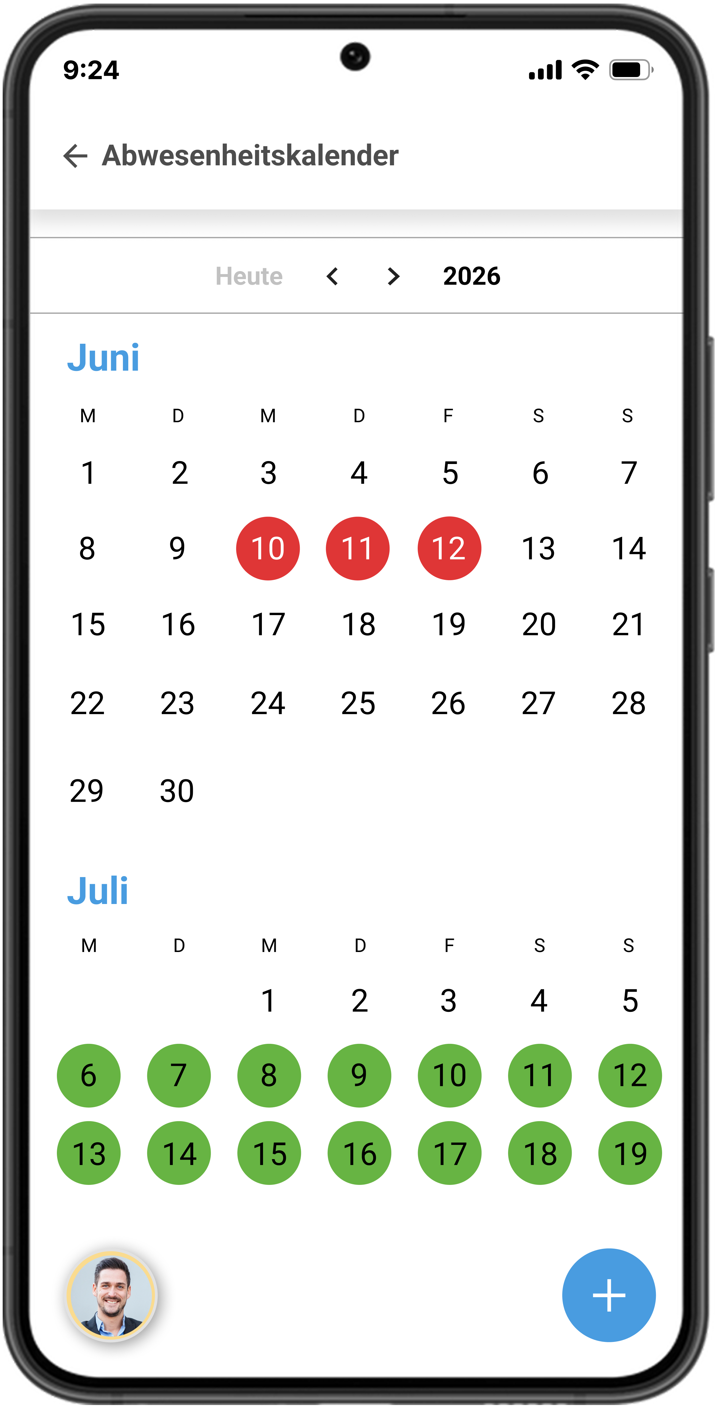 work4all Abwesenheitskalender in der mobilen Ansicht