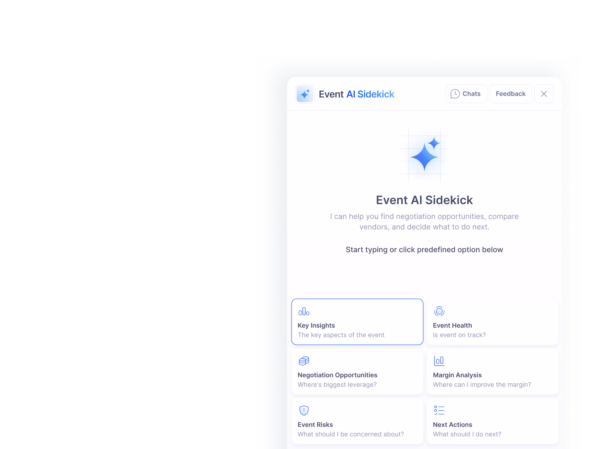 Event AI Sidekick interface offering negotiation help with options like Key Insights, Event Health, and Margin Analysis.