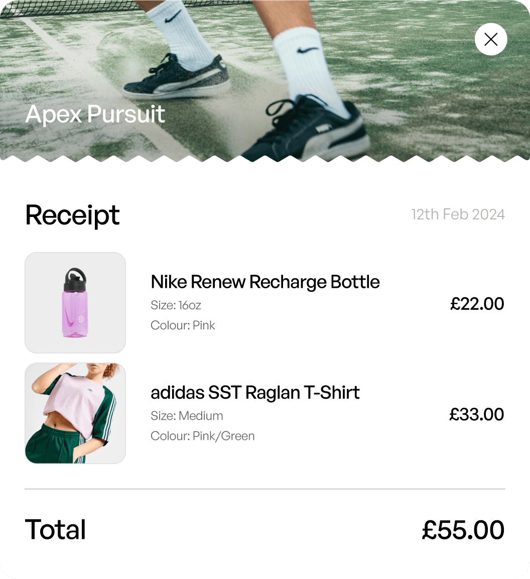 digital receipt from Slip with a nike bottle and an adidas t-shirt
