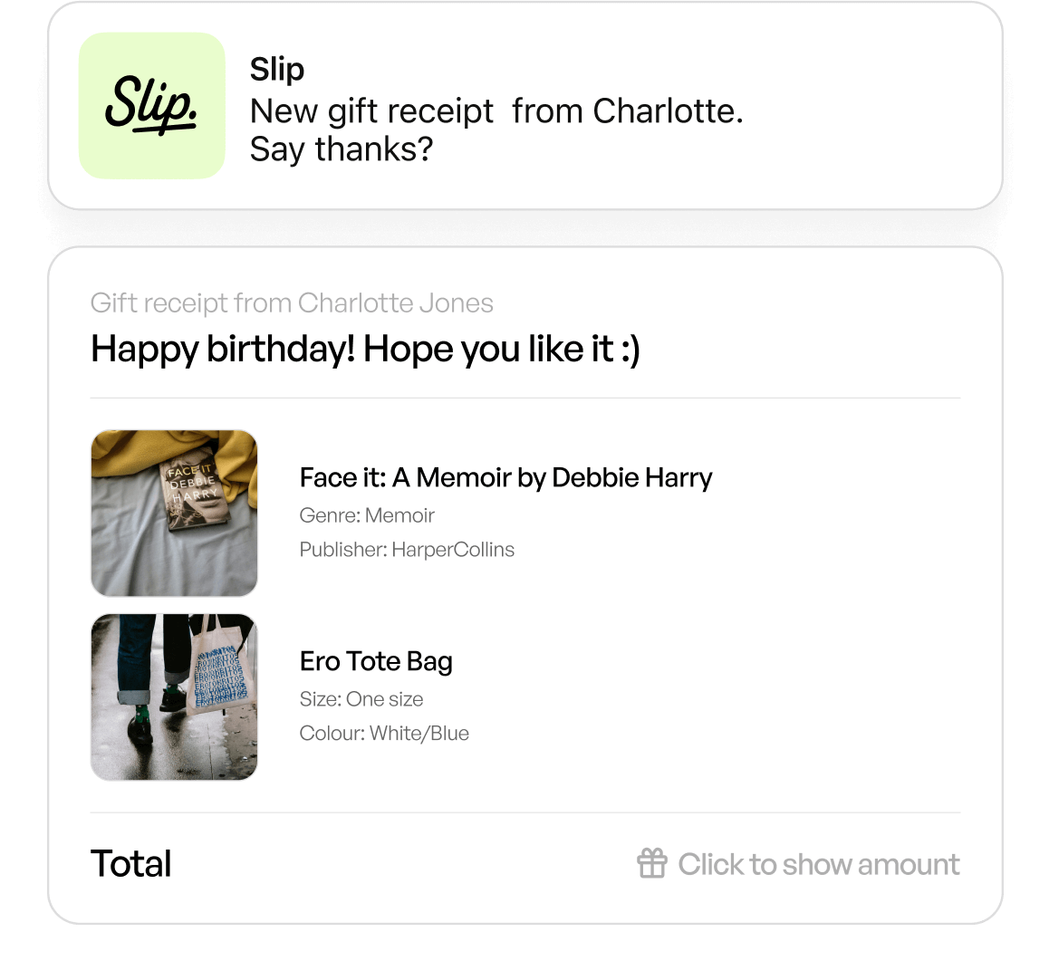 gift receipt with a happy birthday message