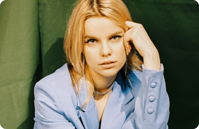 a woman in a blue suit