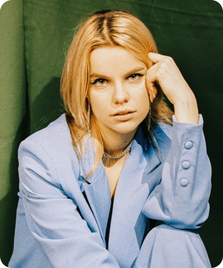 a woman in a blue suit