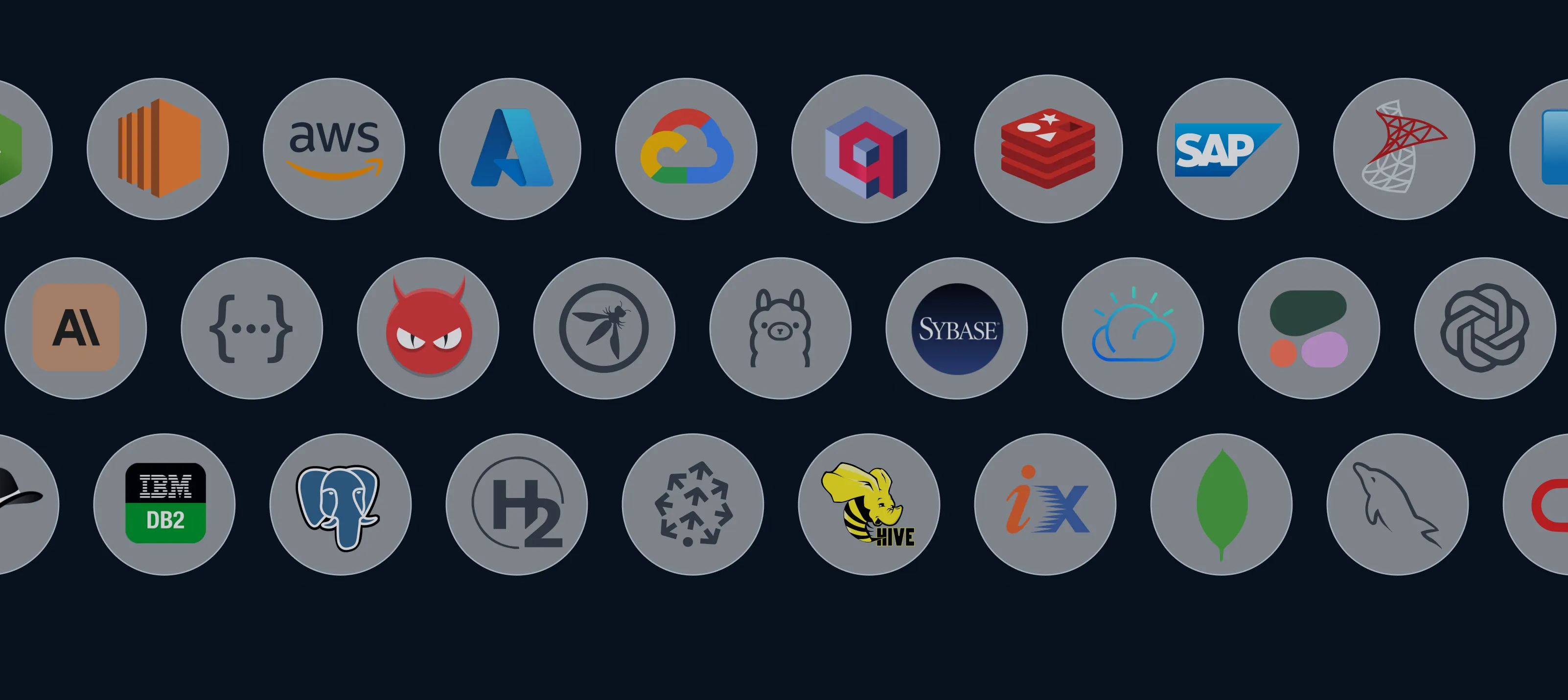 Collection of database, cloud, and API provider logos representing Airtool’s prebuilt integrations for secure and efficient enterprise data connectivity.