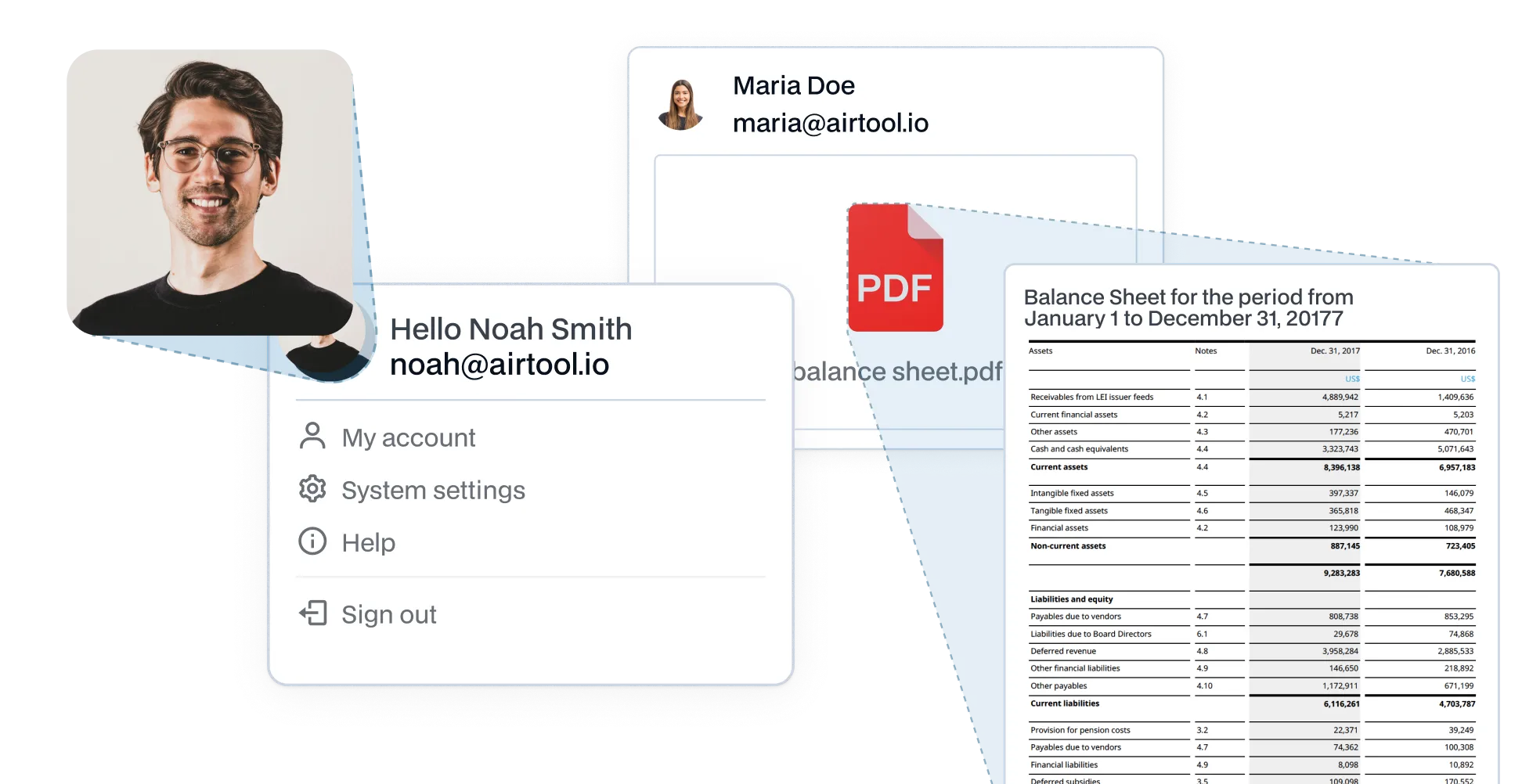 Illustration showing a user interface with profile pictures and emails of Noah Smith and Maria Doe, a PDF file named balance sheet.pdf, and a partial view of a detailed balance sheet document dated December 31, 2017.