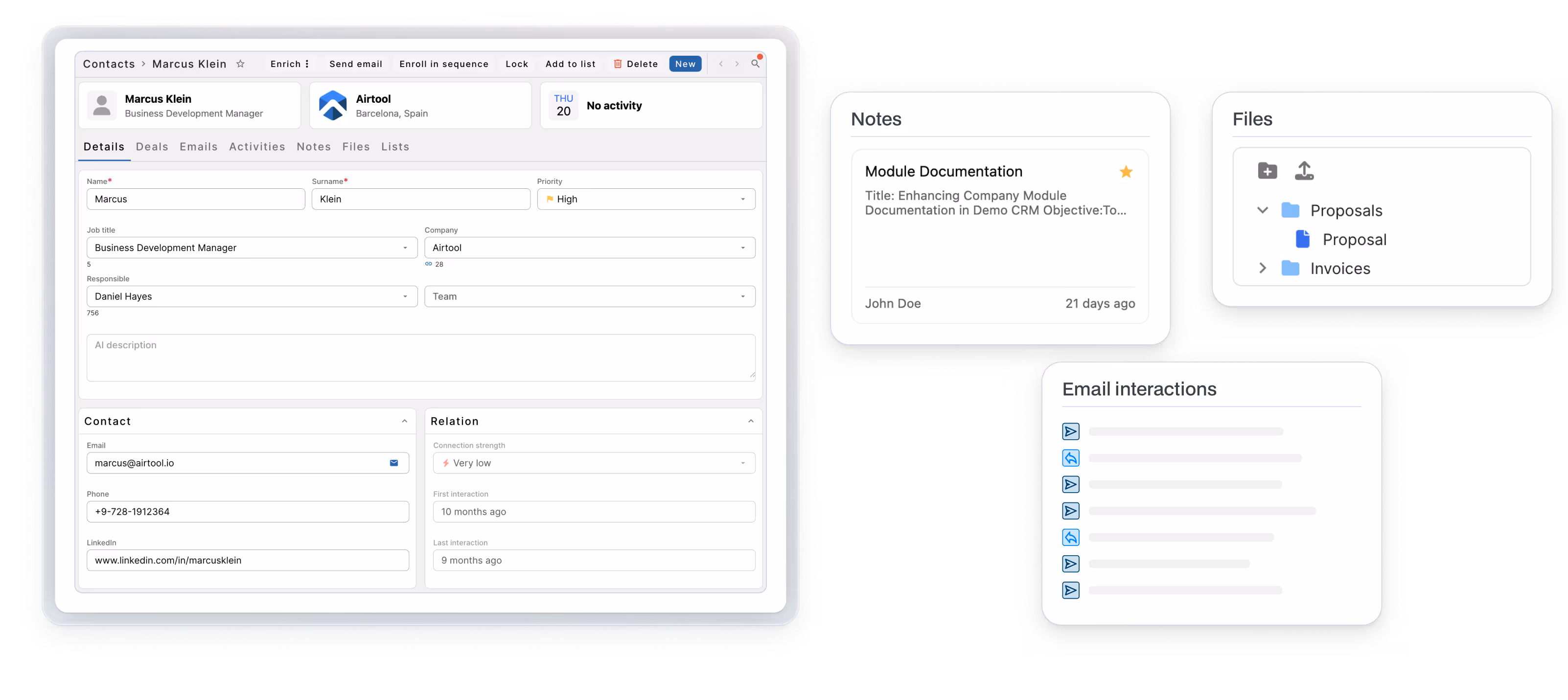 CRM interface showing contact details for Marcus Klein, including job title, company, contact info, notes, files, and email interactions.