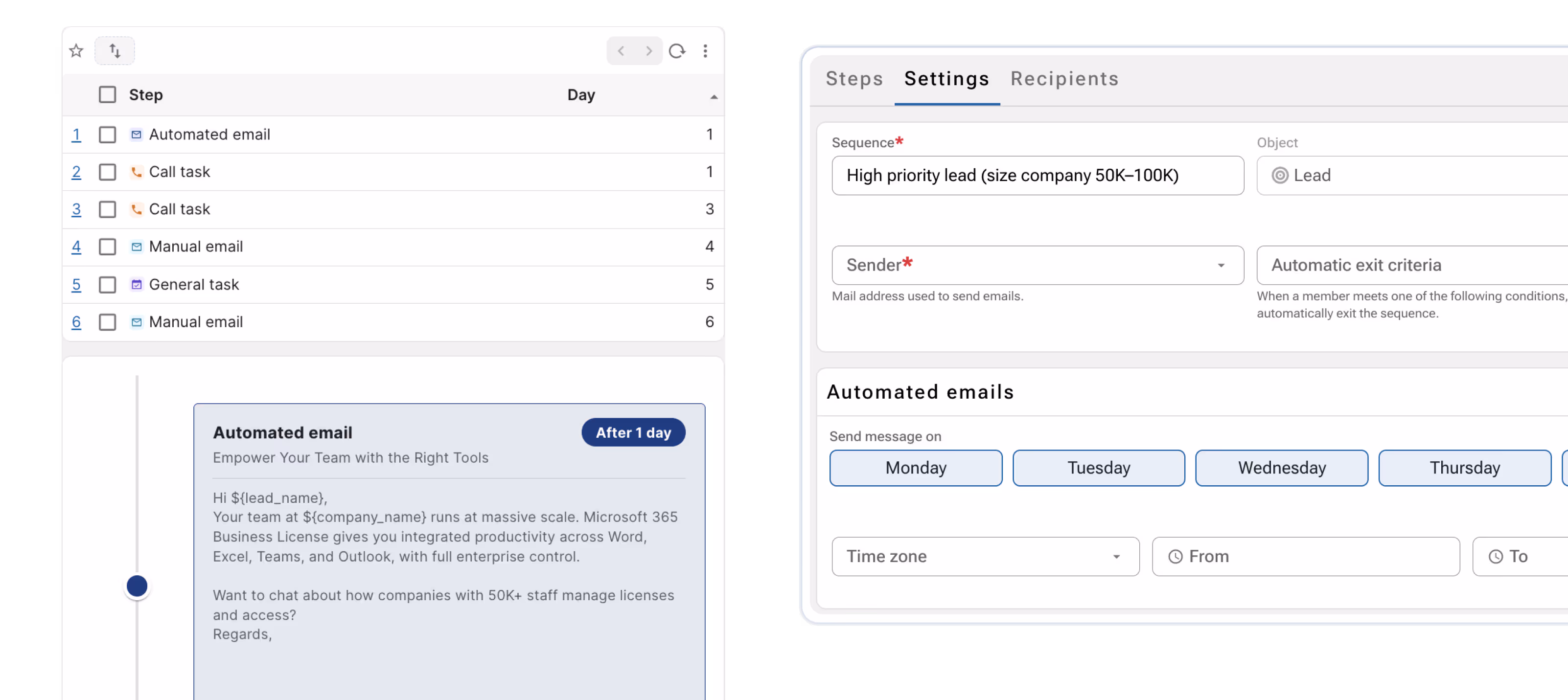 Split screen showing a CRM smart sequence setup: left side lists steps including automated email, call tasks, and manual email with a preview of an automated email promoting Microsoft 365 Business License; right side shows settings tab with sequence name, sender dropdown, automatic exit criteria, options to send automated emails on specific weekdays, and timezone and time selectors.