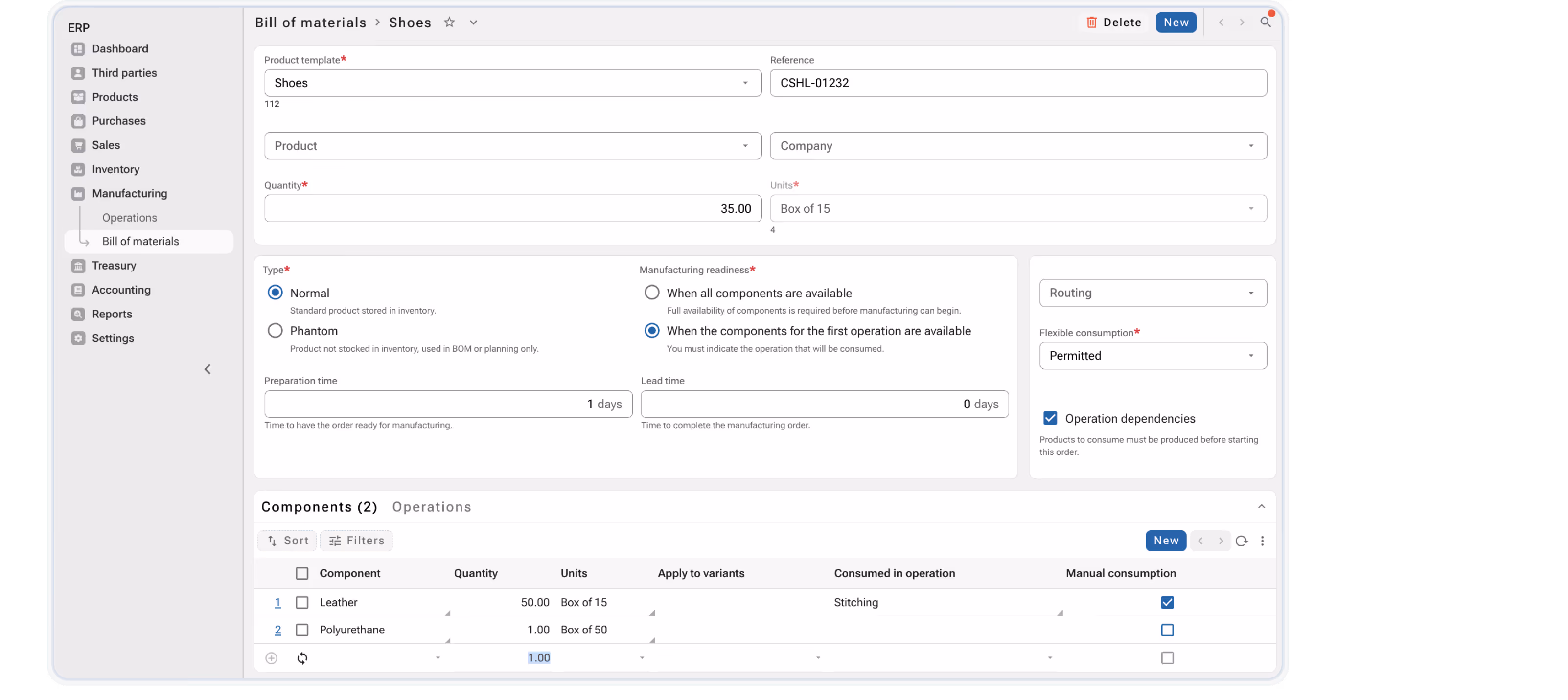 ERP manufacturing bill of materials interface for shoes showing product template, reference, quantity, type options, manufacturing readiness, preparation and lead time, routing, flexible consumption, and components list including leather and polyurethane with quantities and manual consumption checkboxes.