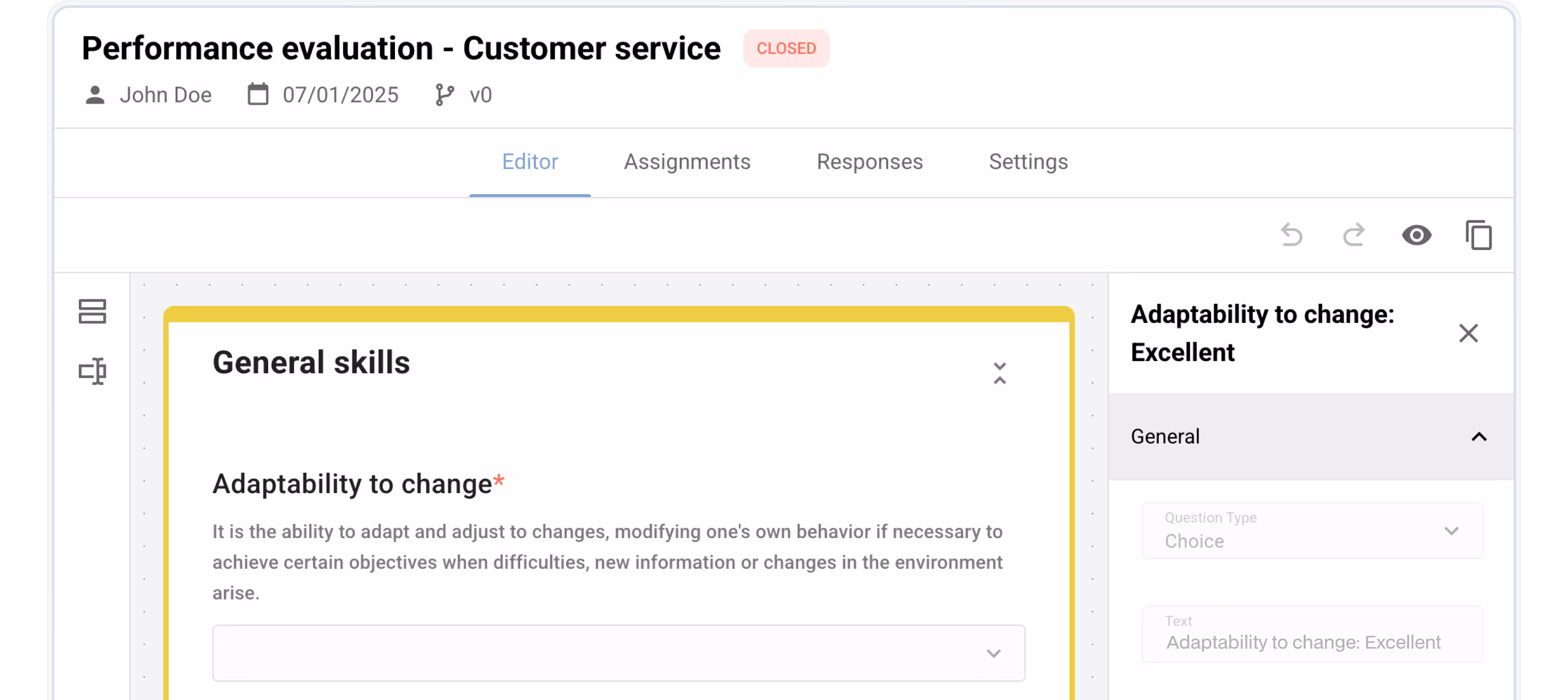 Performance evaluation interface for customer service showing a general skills section with an adaptability to change criterion rated as excellent.