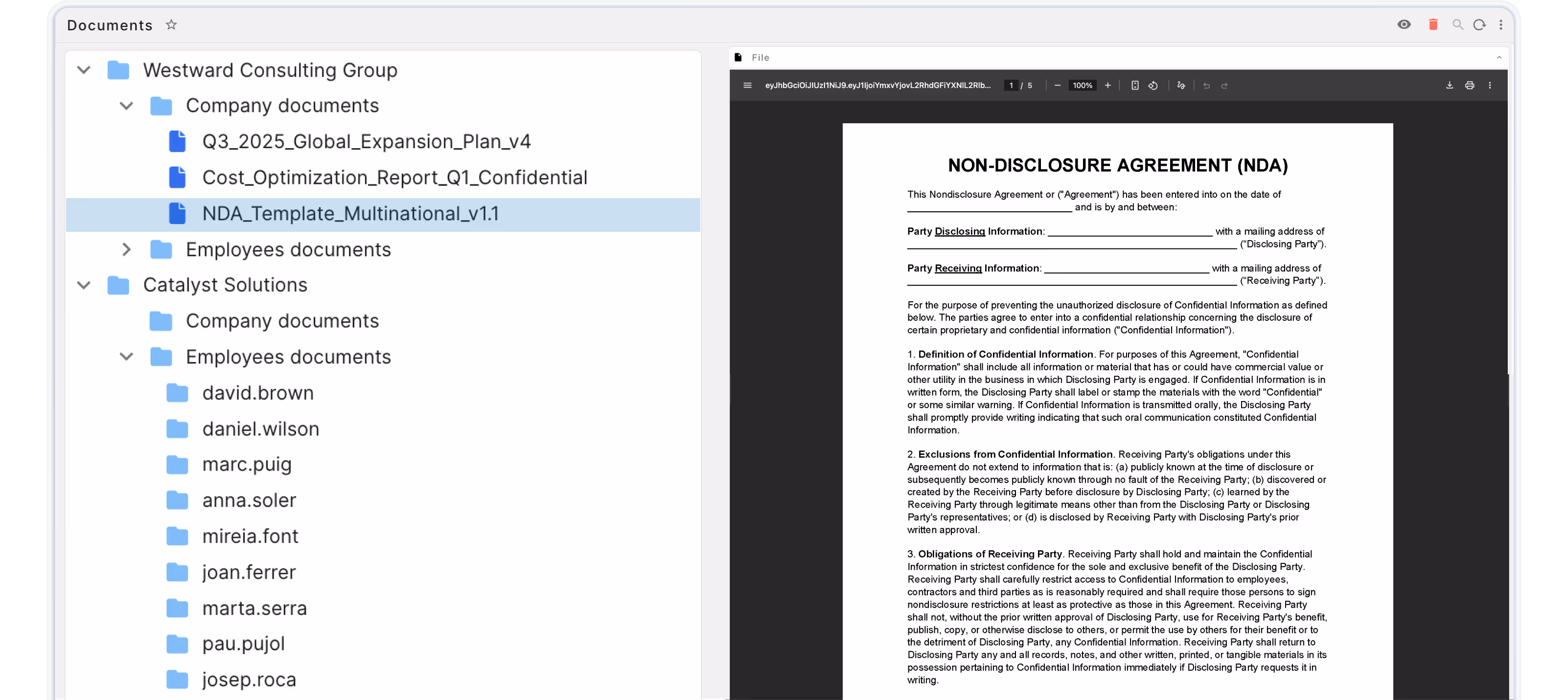 Screenshot of a document management interface showing folders for Westward Consulting Group and Catalyst Solutions with subfolders and files, alongside a preview of a Non-Disclosure Agreement (NDA) document.