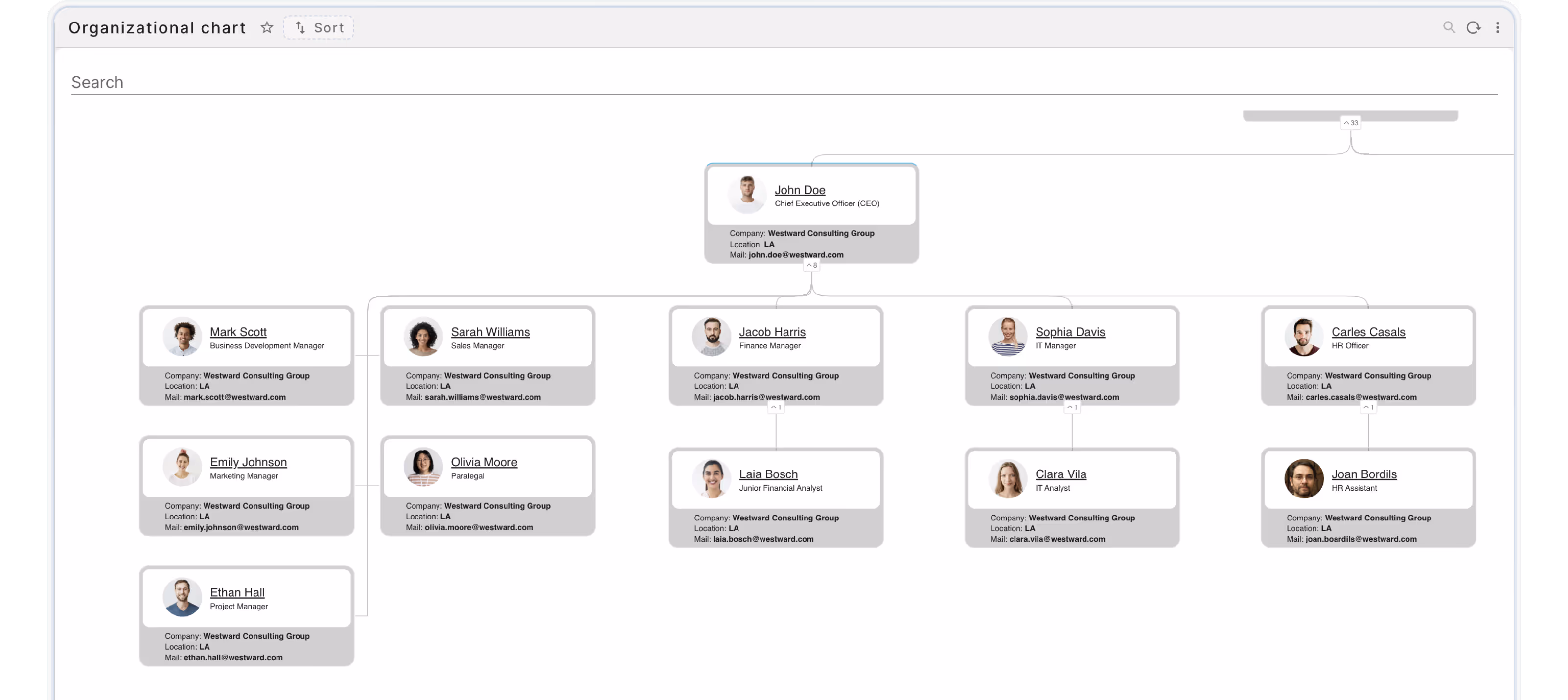 Organizational chart showing John Doe as CEO of Westward Consulting Group in LA, with managers Mark Scott, Sarah Williams, Jacob Harris, Sophia Davis, and Carles Casals reporting to him, and their respective team members shown below.