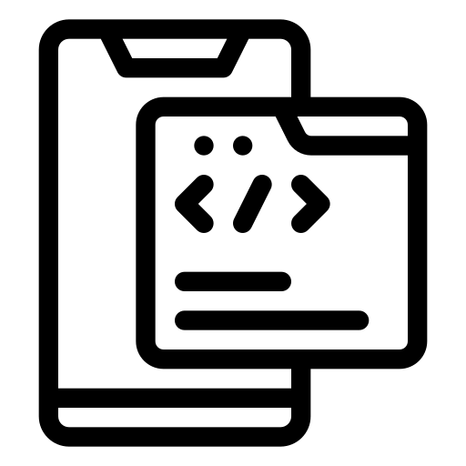 An icon of a phone with a coding symbol, illustrating the final phase of testing and deployment, where the app is rigorously tested and then launched to ensure it meets all performance and quality standards.