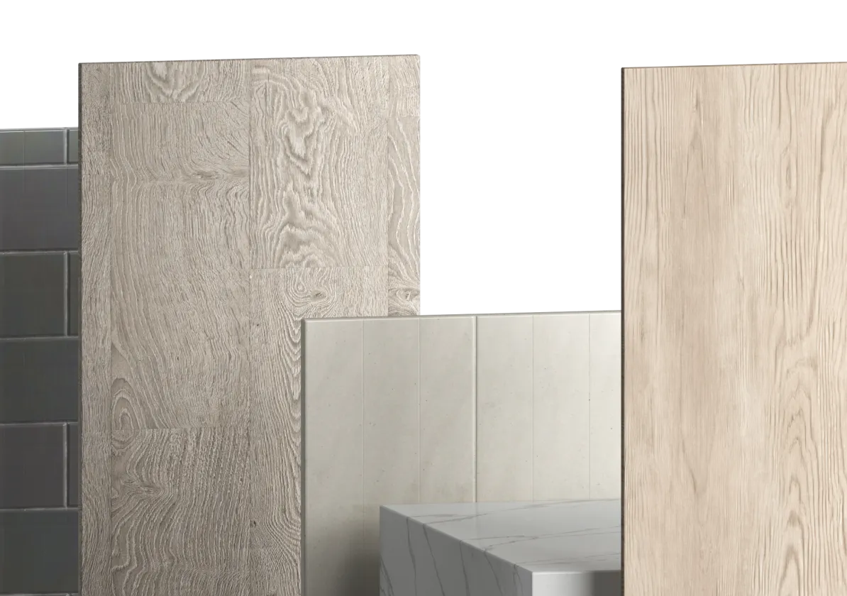 An image showing a variety of MSI flooring and countertop samples, including wood-like and marble designs, arranged in a vertical layout.