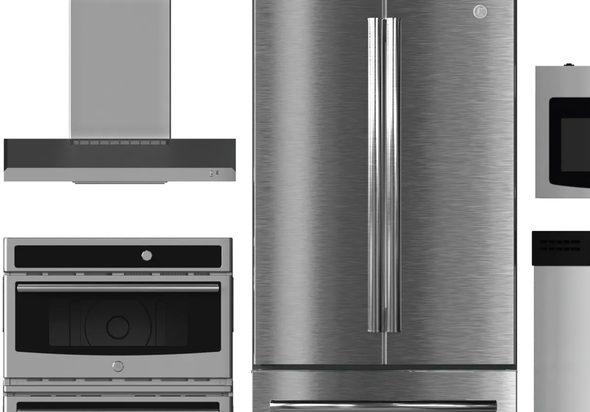 An image of GE kitchen appliances, including a stainless steel refrigerator, a range hood, an oven, and a microwave, all arranged in a grid pattern.