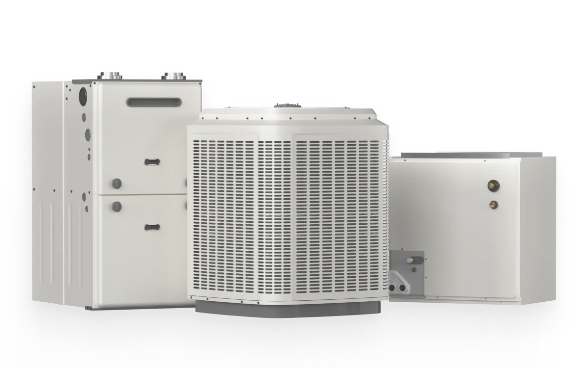An image featuring three Carrier HVAC units, including a furnace, an air conditioning unit, and a heat pump, all in a light gray color.