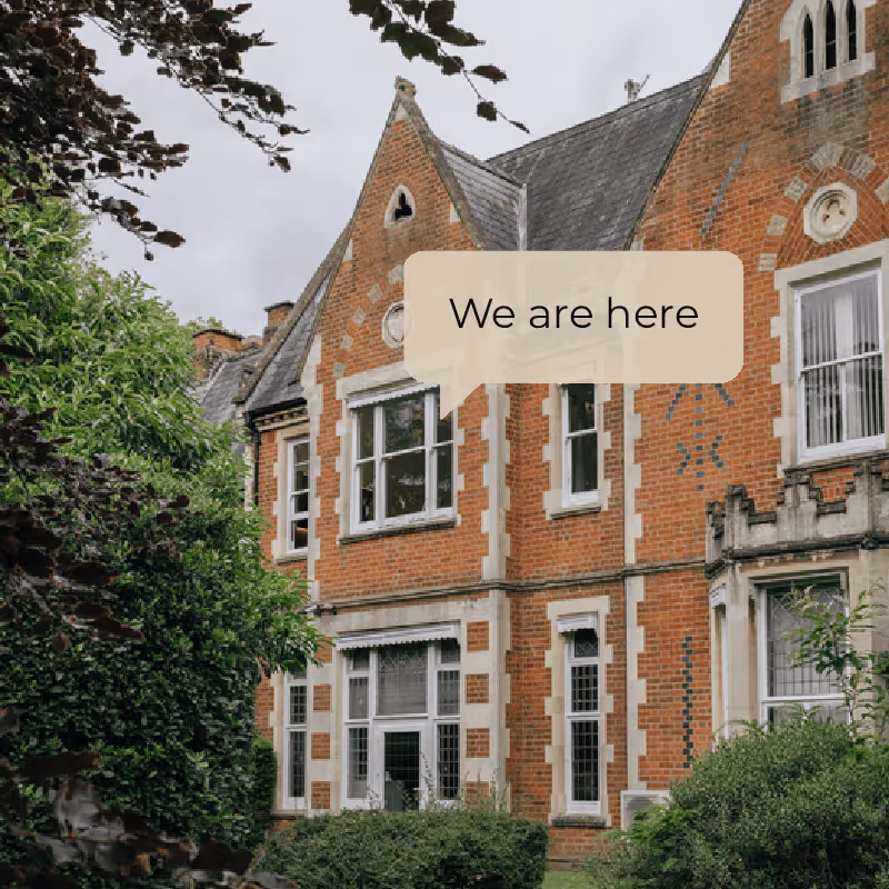 View of Woodley Hill House from the back garden with a marker pointing to where Panda Bear Studio is located in the building