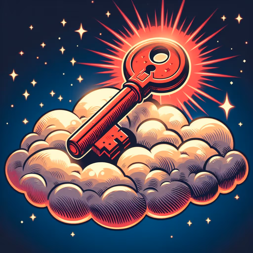 AI generated image of a red cartoon key, with halo, sitting on a cloud