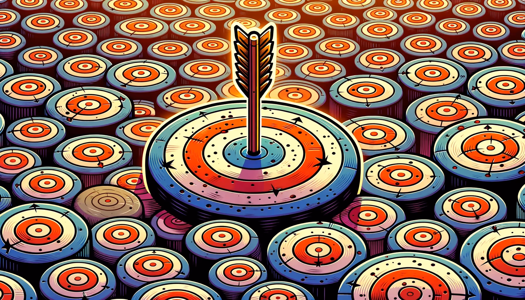 Lots of targets, one with an arrow in it