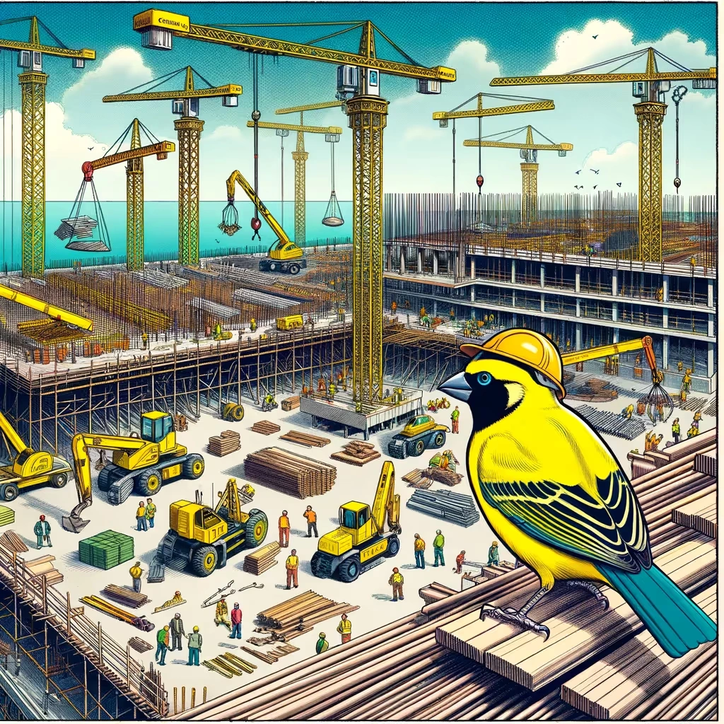 Cartoon image of canaries organising and conducting the construction of a building site with cranes in the background