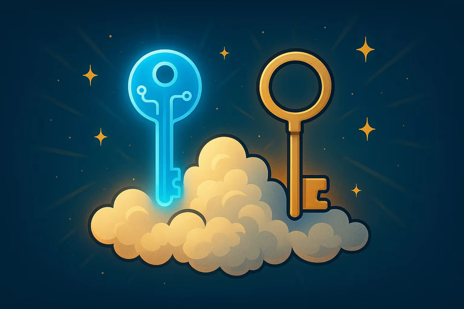 "Two keys float above a cloud"