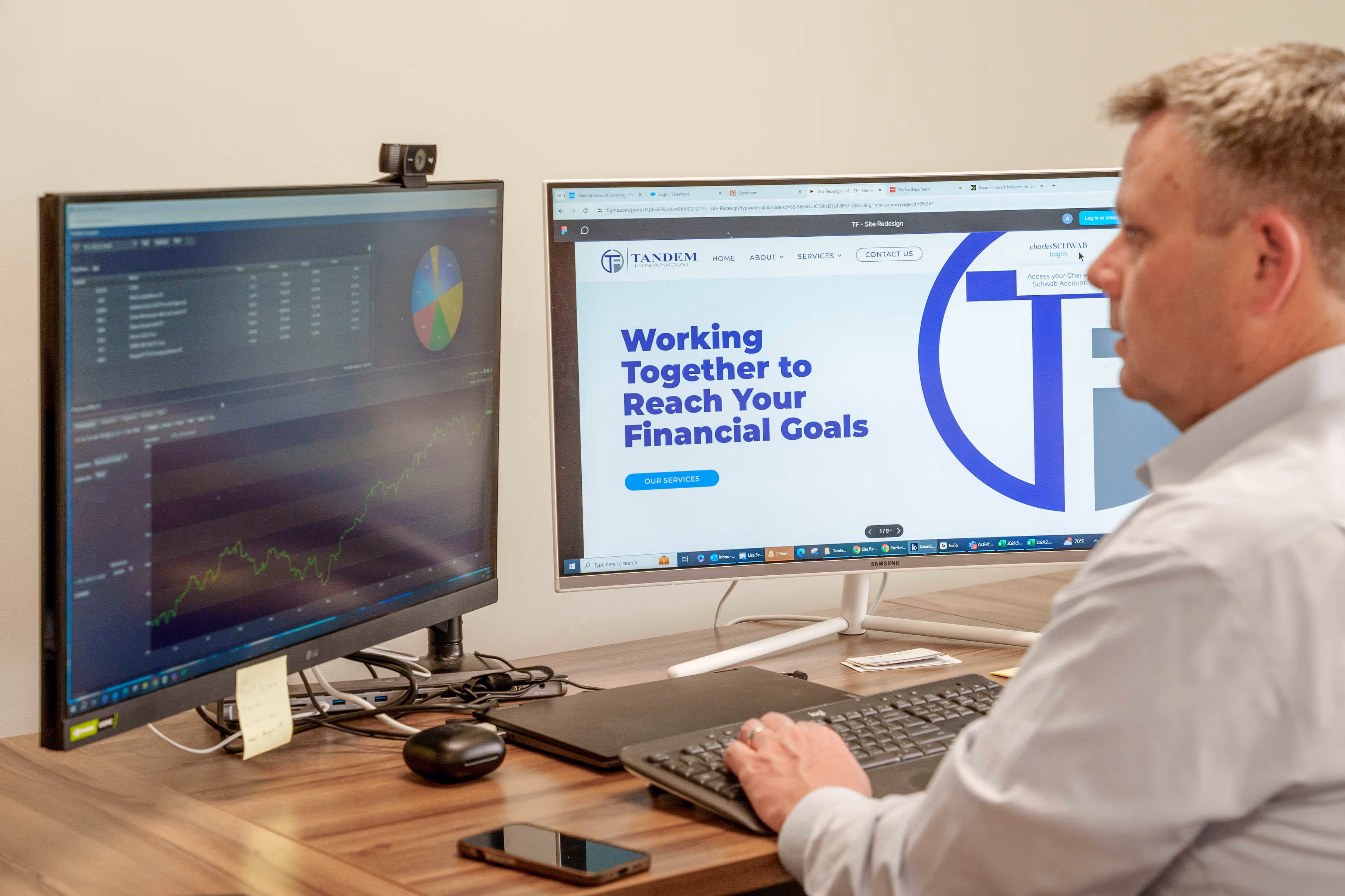 Man working at a desk with dual monitors showing financial charts and a wealth management website.