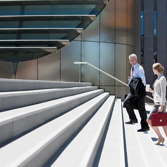 Two guys walking towards a building