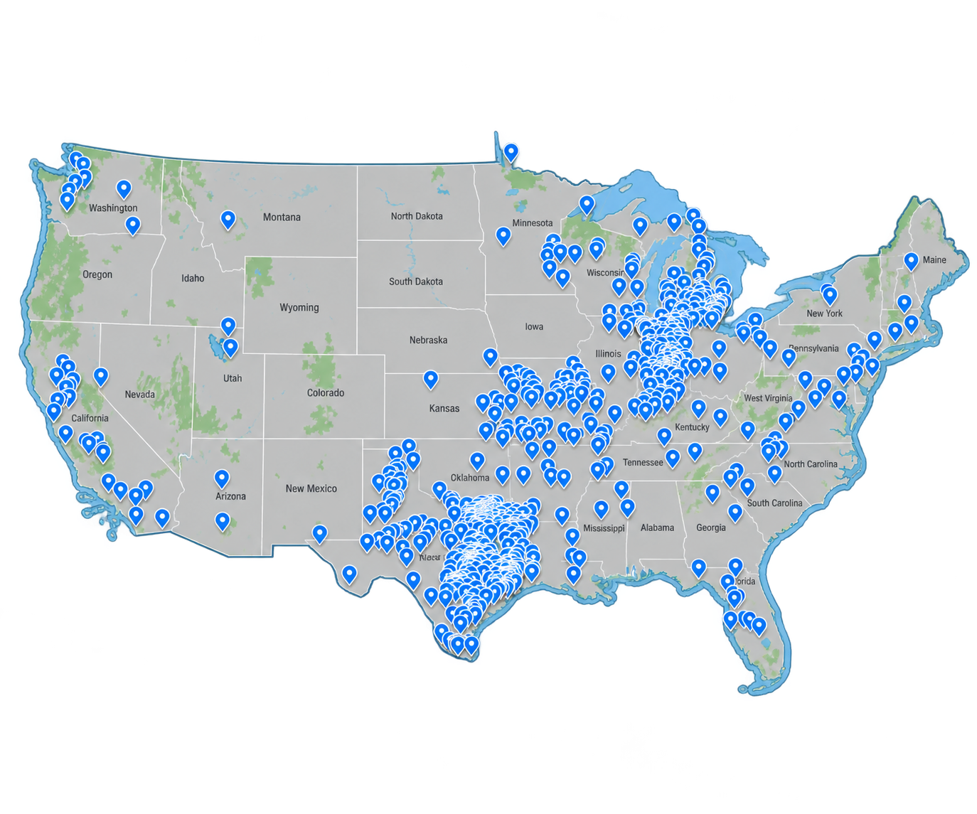 Map of the United States marking school districts that use Education Advanced
