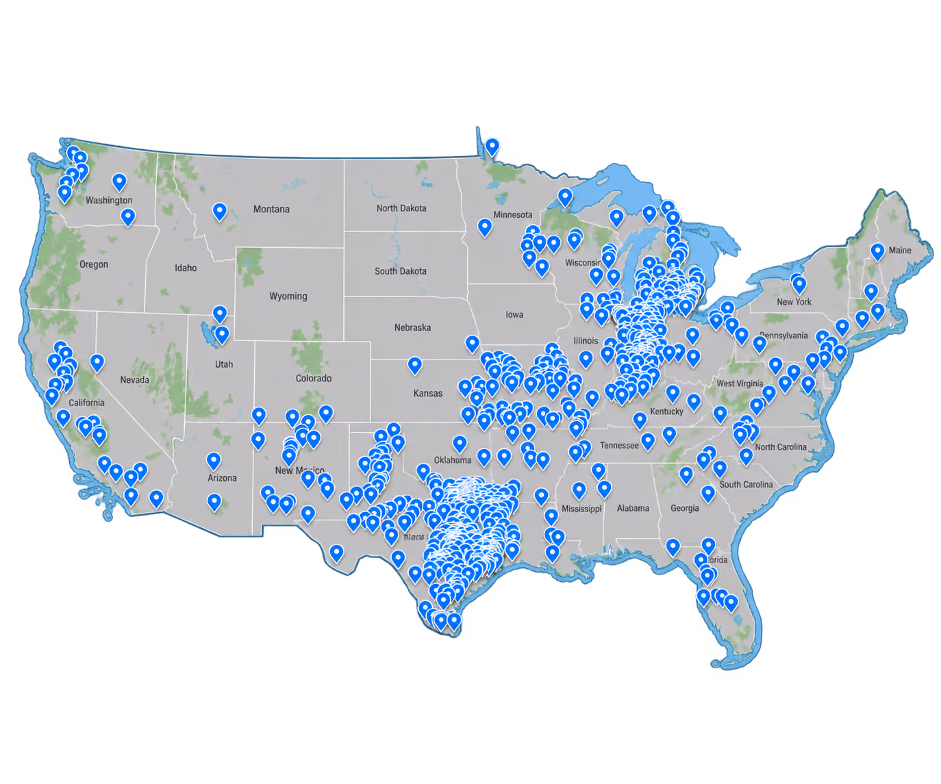 Map of the United States marking school districts that use Education Advanced