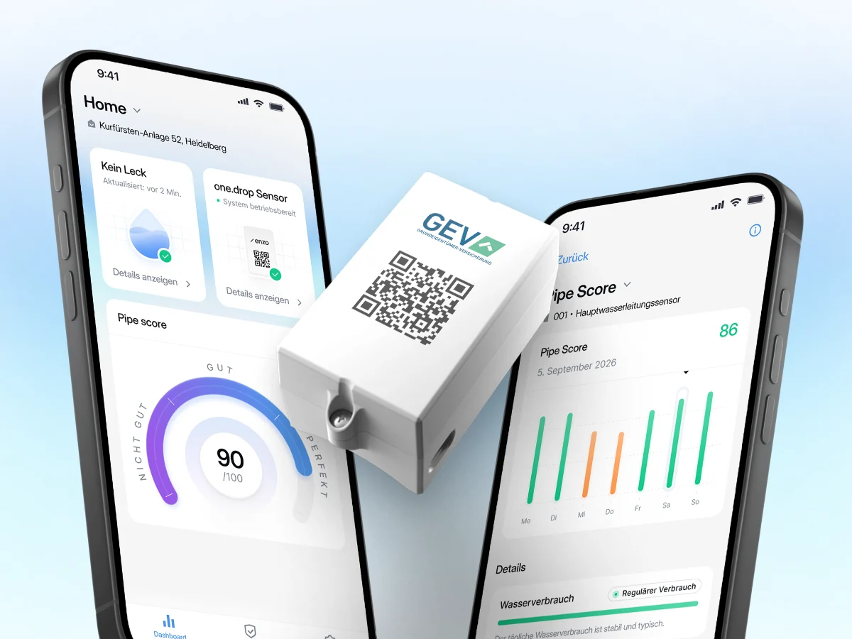 Enzo App auf zwei Smartphones mit Wassersensor – Echtzeit-Meldung bei Leckage